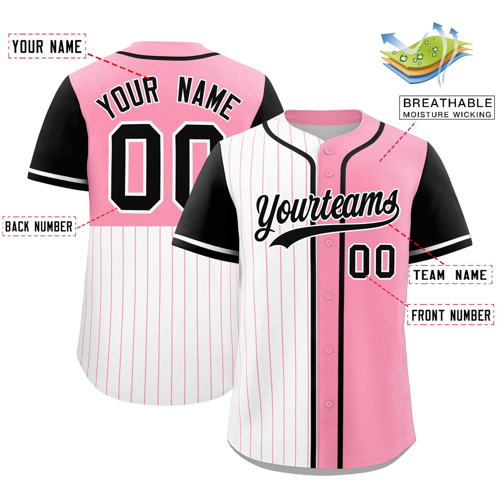 Custom White Light Pink and Black Pinstripe Personalized Raglan Sleeves Authentic Baseball Jersey