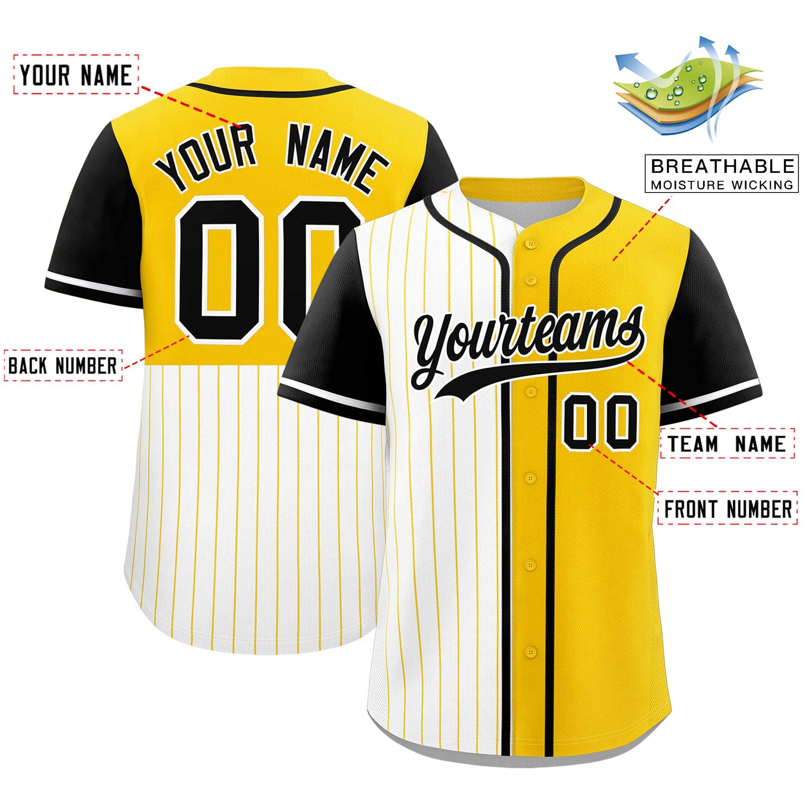 Custom White Gold and Black Pinstripe Personalized Raglan Sleeves Authentic Baseball Jersey