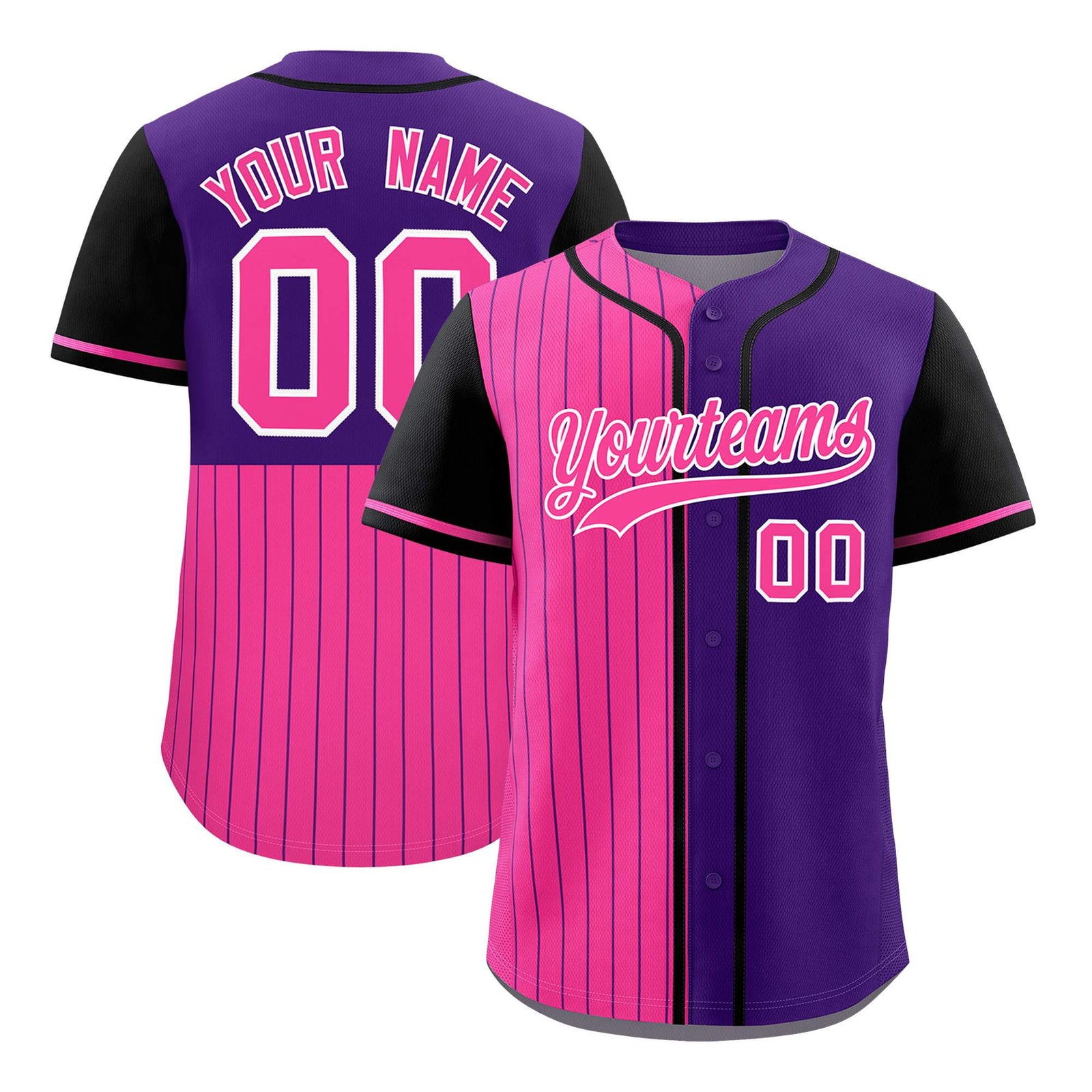 Custom Pink Purple and Black Pinstripe Personalized Raglan Sleeves Authentic Baseball Jersey