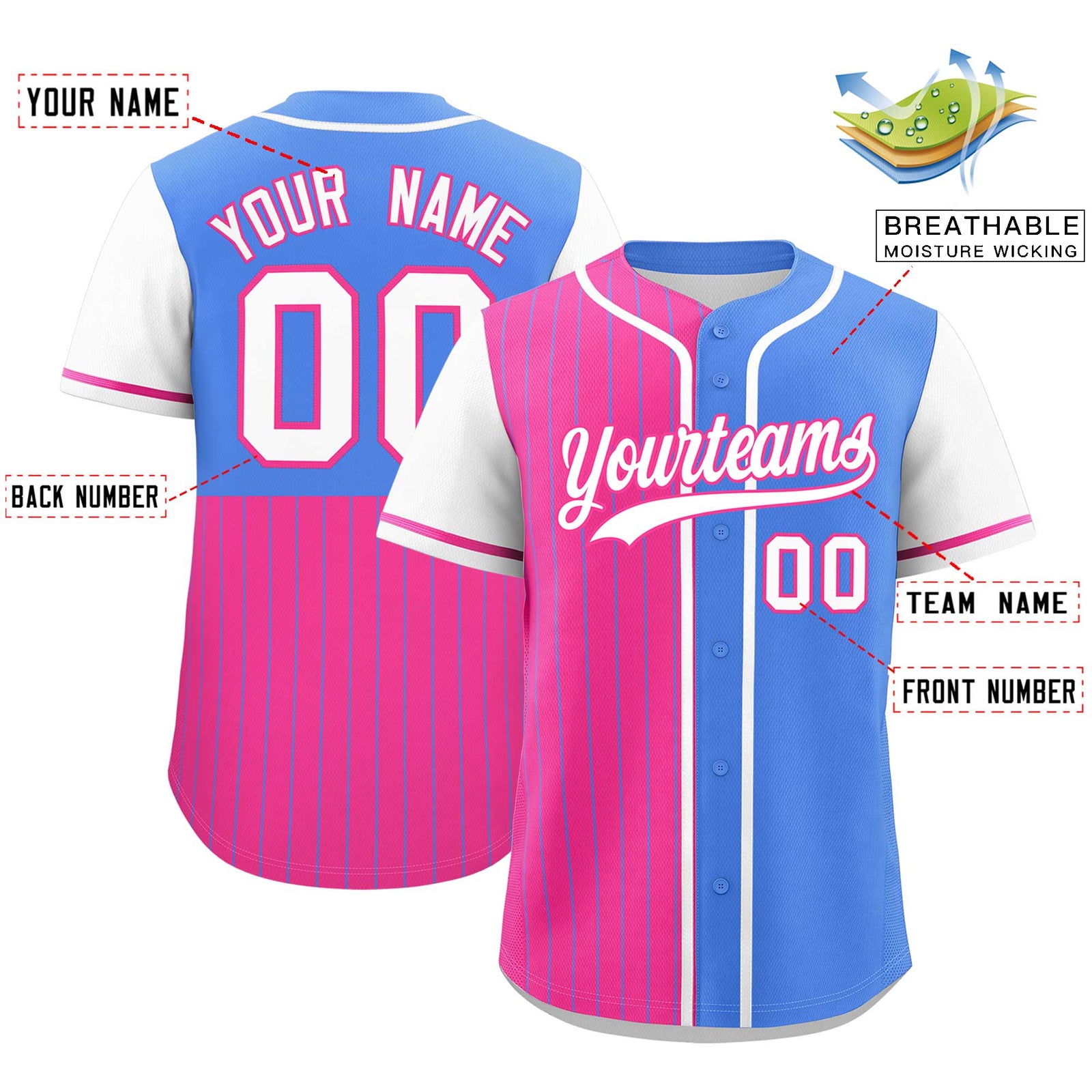 Custom Pink Powder Blue and White Pinstripe Personalized Raglan Sleeves Authentic Baseball Jersey