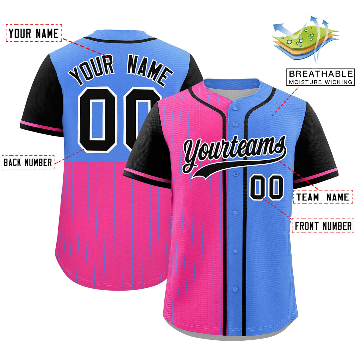 Custom Pink Powder Blue and Black Pinstripe Personalized Raglan Sleeves Authentic Baseball Jersey