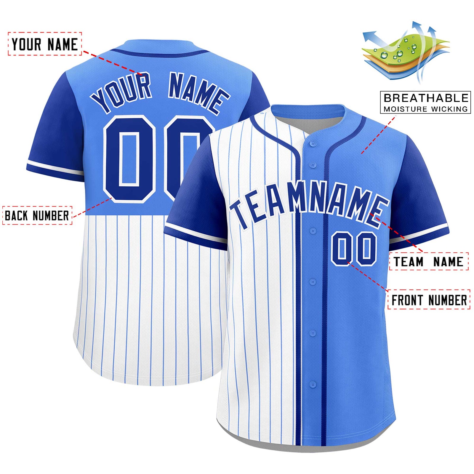 Custom White Powder Blue and Royal Pinstripe Personalized Raglan Sleeves Authentic Baseball Jersey