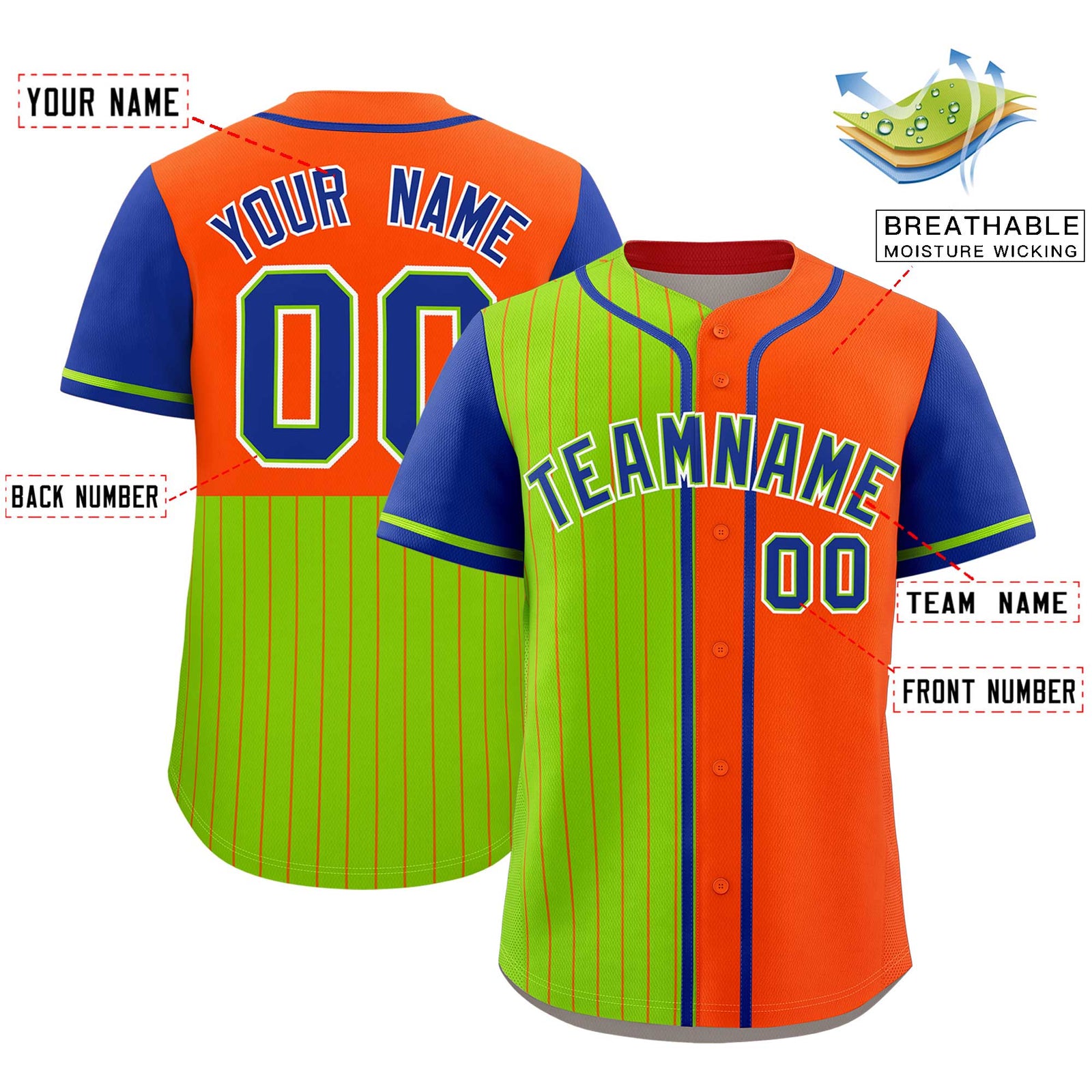 Custom Neon Green Orange and Royal Pinstripe Personalized Raglan Sleeves Authentic Baseball Jersey