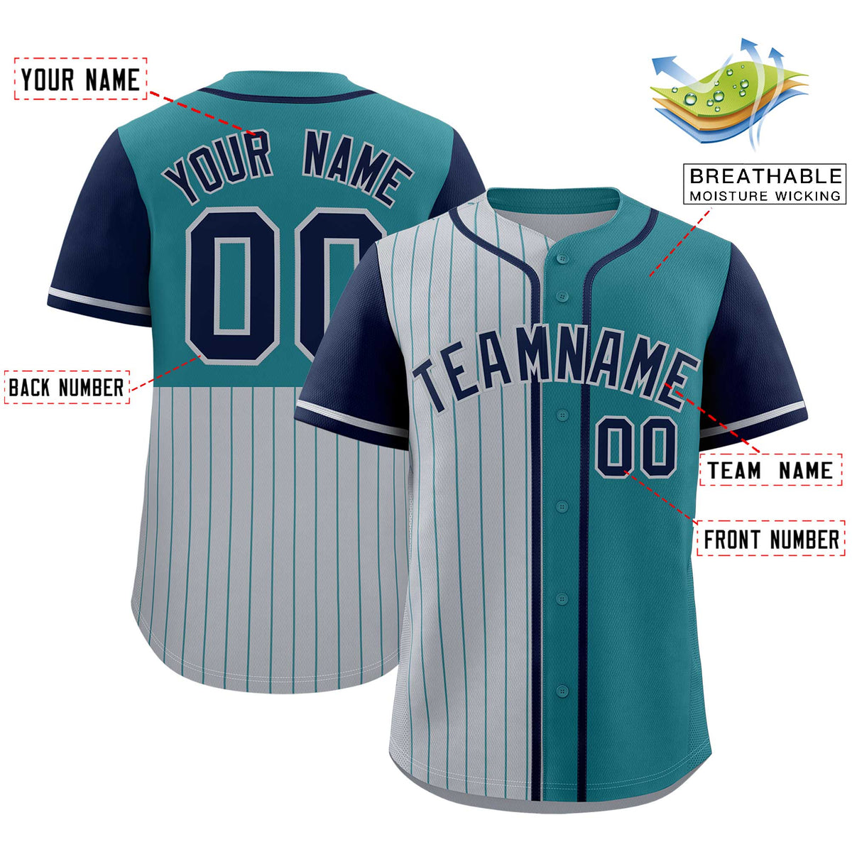 Custom Gray Teal and Navy Pinstripe Personalized Raglan Sleeves Authentic Baseball Jersey