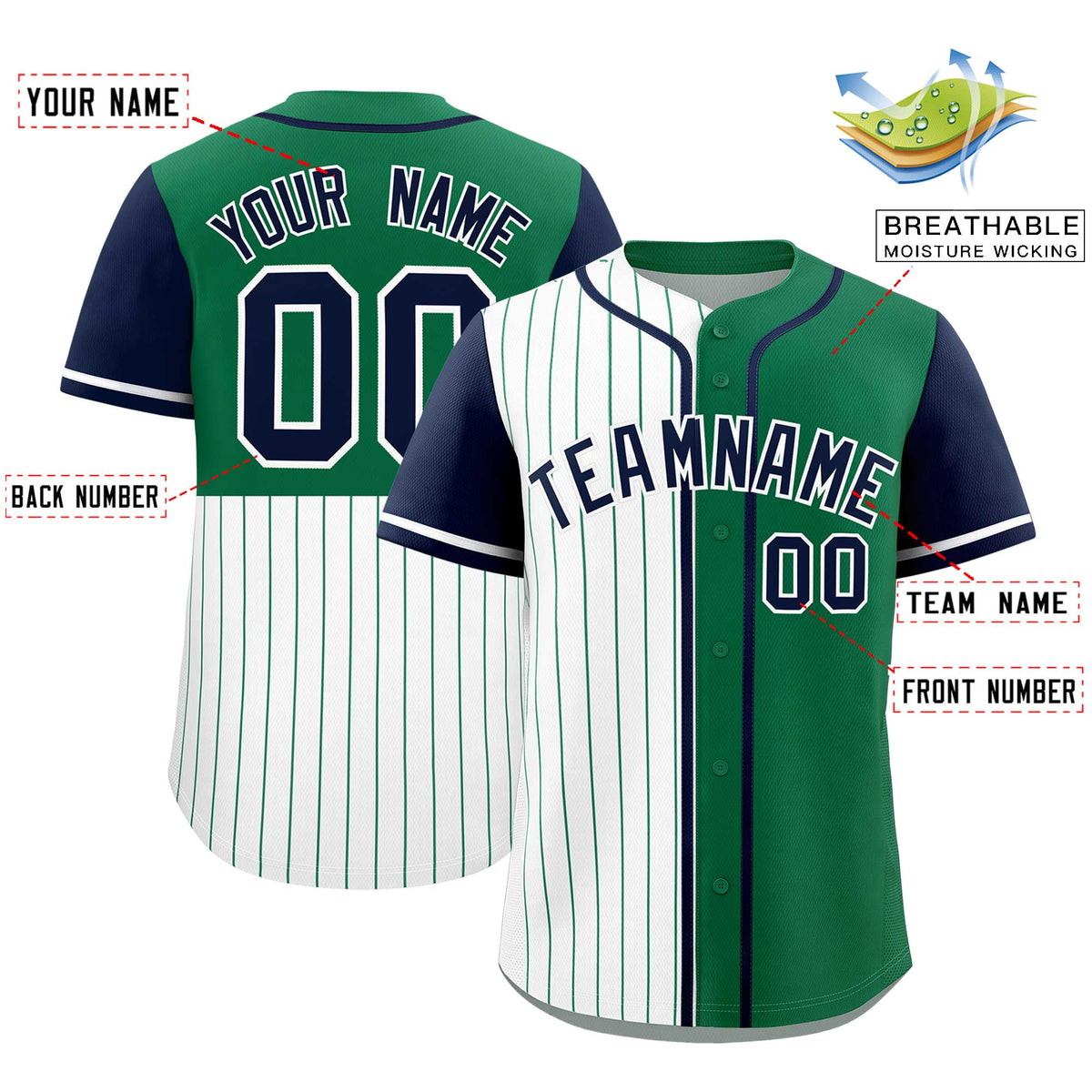 Custom White Kelly Green and Navy Pinstripe Personalized Raglan Sleeves Authentic Baseball Jersey