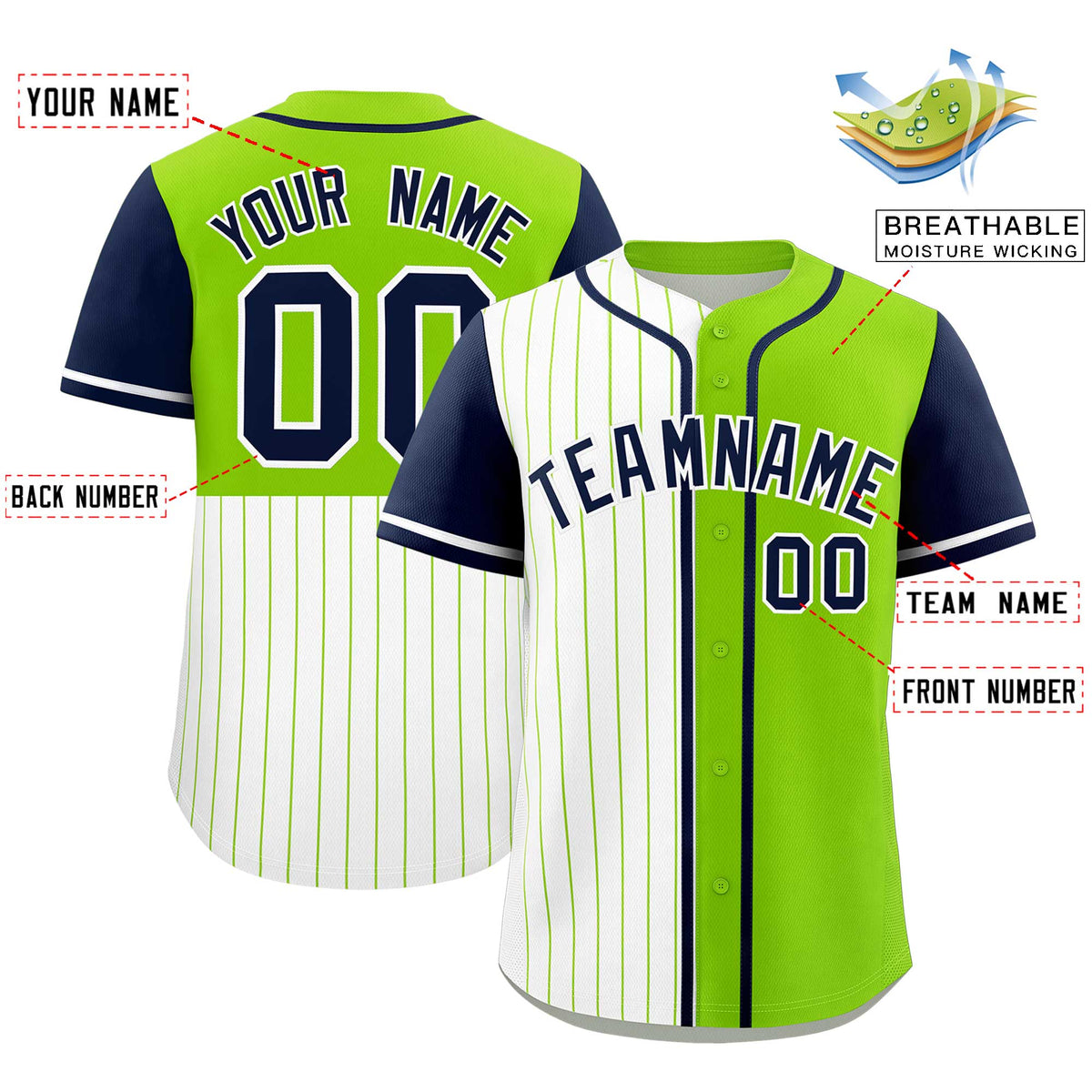 Custom White Neon Green and Navy Pinstripe Personalized Raglan Sleeves Authentic Baseball Jersey