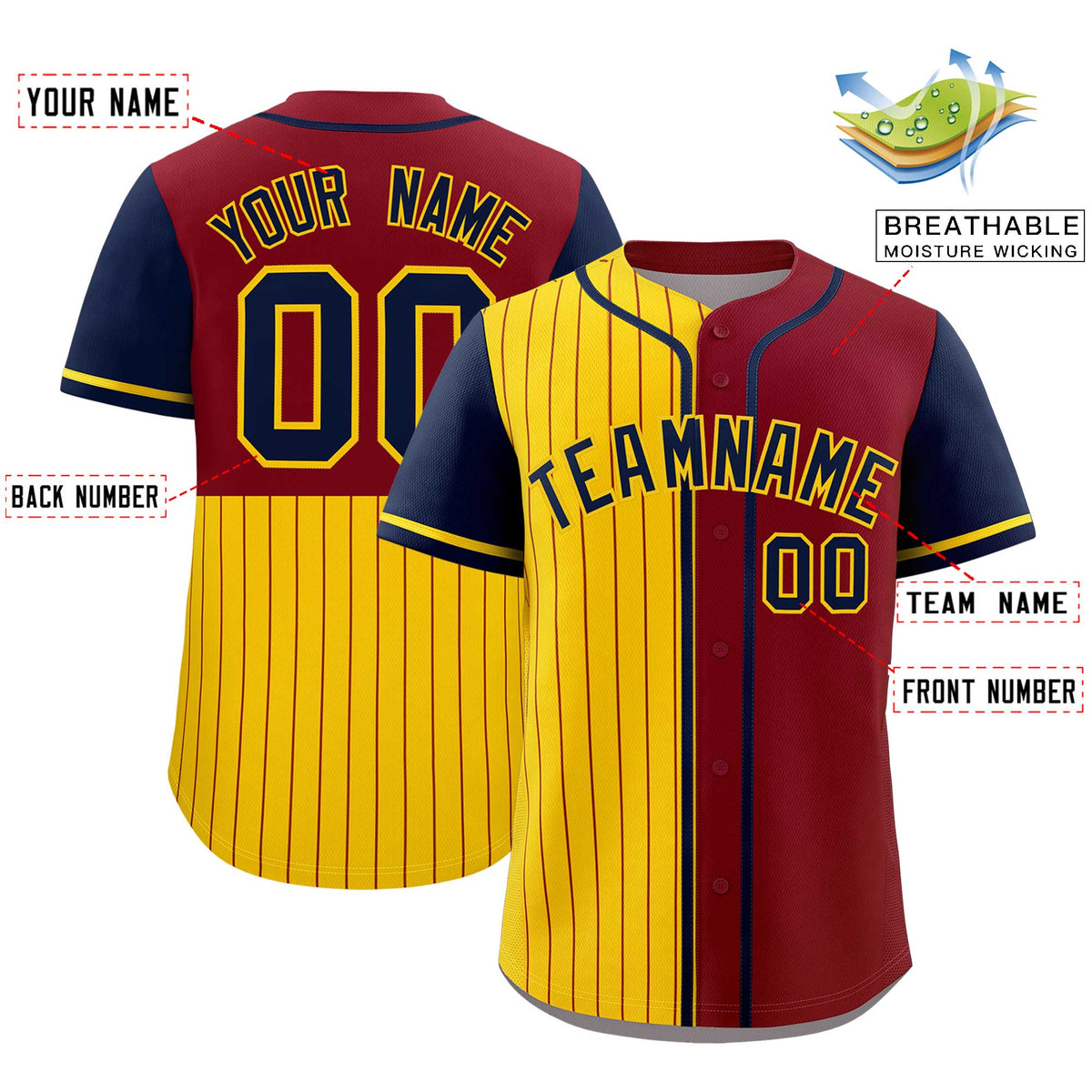 Custom Gold Crimson and Navy Pinstripe Personalized Raglan Sleeves Authentic Baseball Jersey