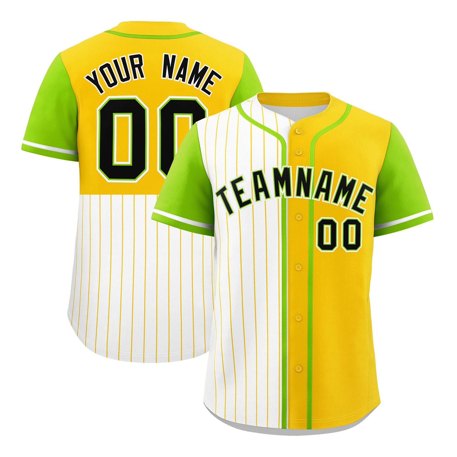 Custom White Gold and Neon Green Pinstripe Personalized Raglan Sleeves Authentic Baseball Jersey