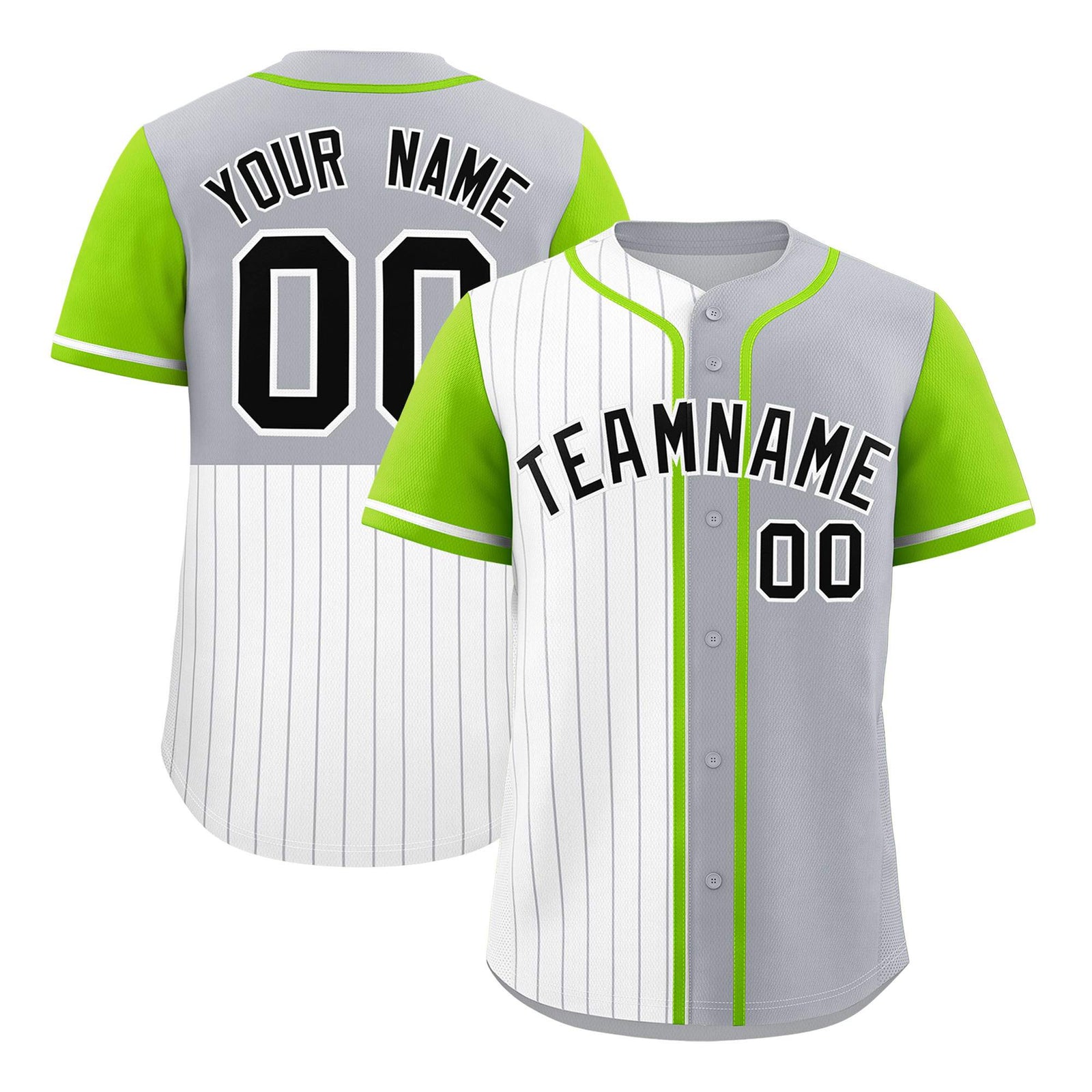 Custom White Gray and Neon Green Pinstripe Personalized Raglan Sleeves Authentic Baseball Jersey