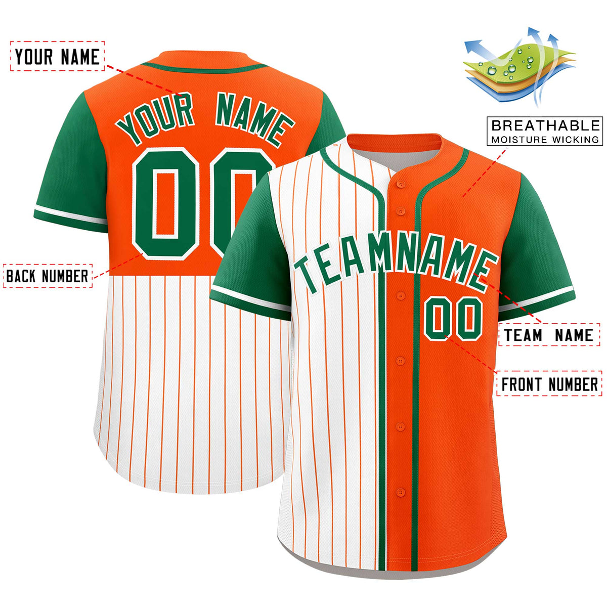 Custom White Orange and Kelly Green Pinstripe Personalized Raglan Sleeves Authentic Baseball Jersey