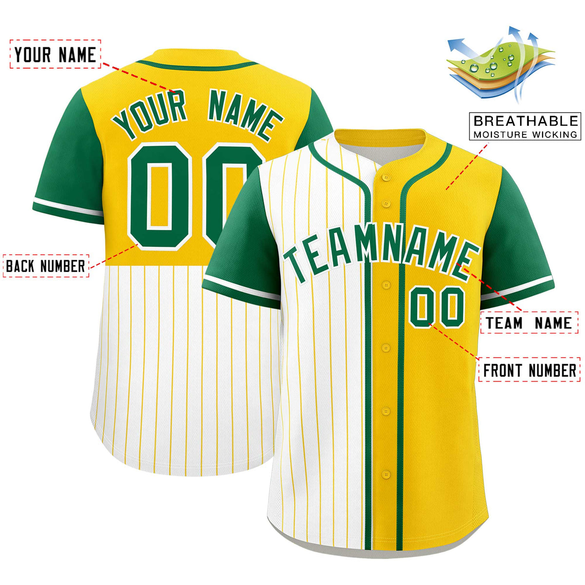 Custom White Gold and Kelly Green Pinstripe Personalized Raglan Sleeves Authentic Baseball Jersey