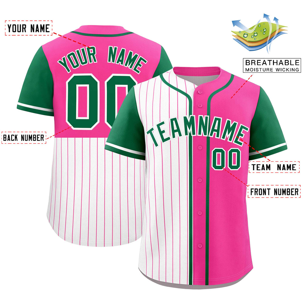 Custom White Pink and Kelly Green Pinstripe Personalized Raglan Sleeves Authentic Baseball Jersey