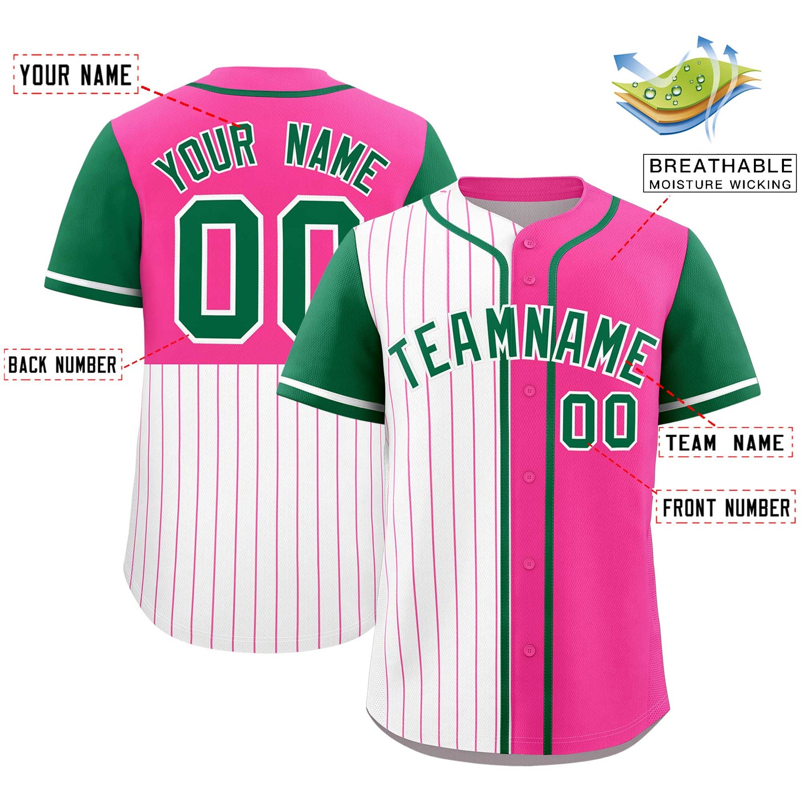 Custom White Pink and Kelly Green Pinstripe Personalized Raglan Sleeves Authentic Baseball Jersey
