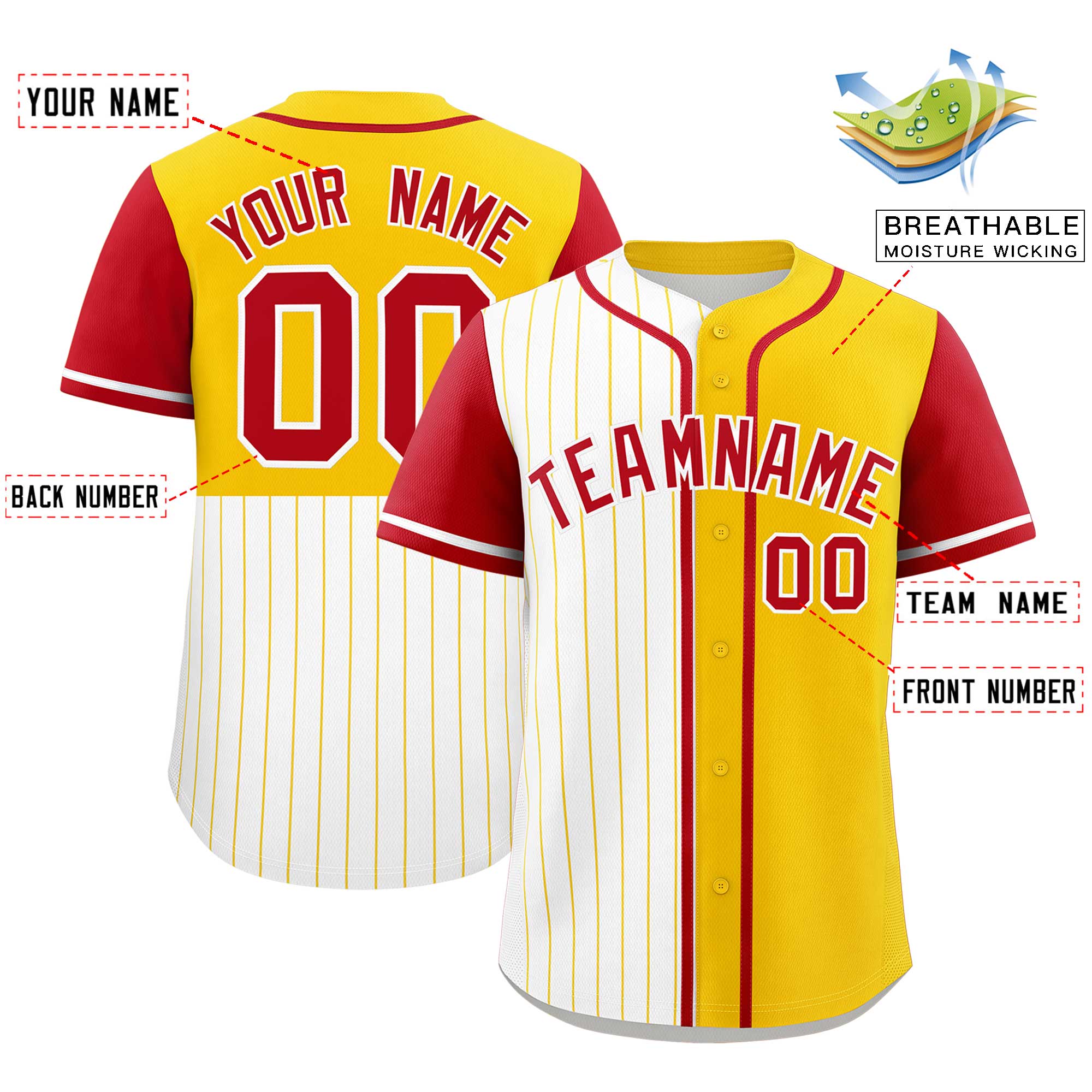 Custom White Gold and Red Pinstripe Personalized Raglan Sleeves Authentic Baseball Jersey