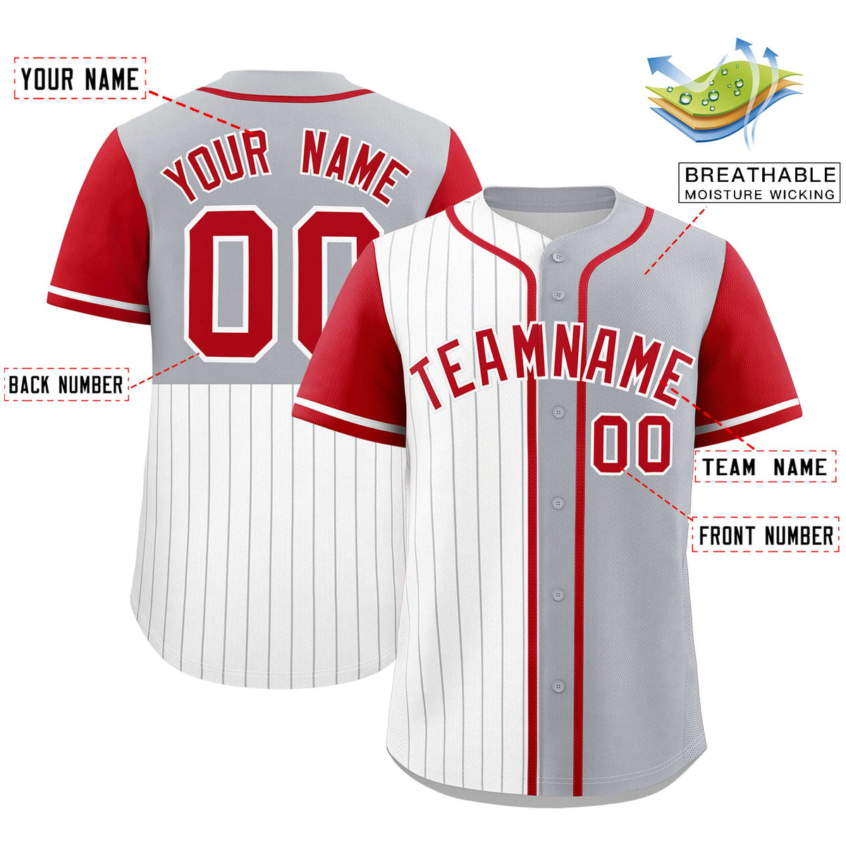 Custom White Gray and Red Pinstripe Personalized Raglan Sleeves Authentic Baseball Jersey