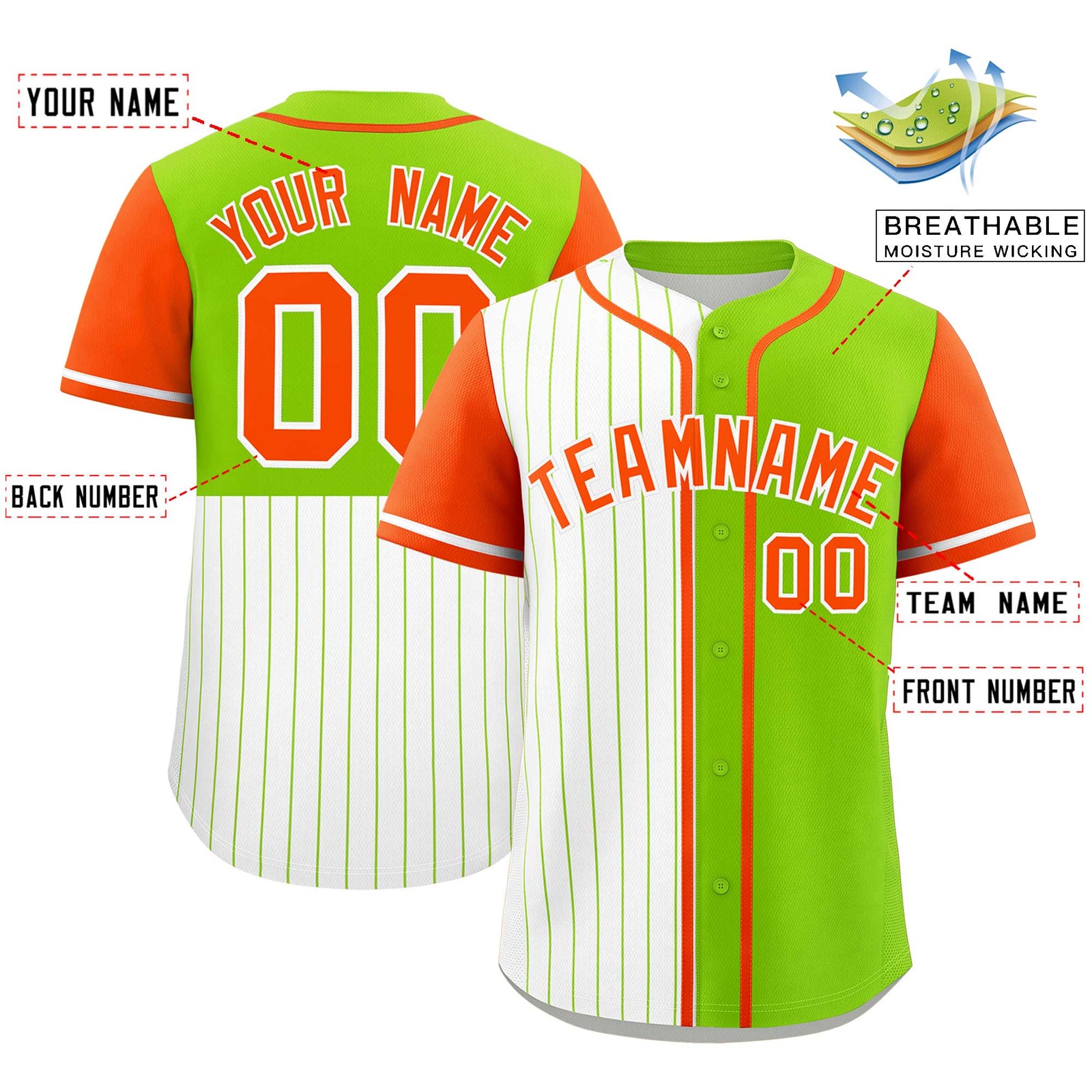 Custom White Neon Green and Orange Pinstripe Personalized Raglan Sleeves Authentic Baseball Jersey