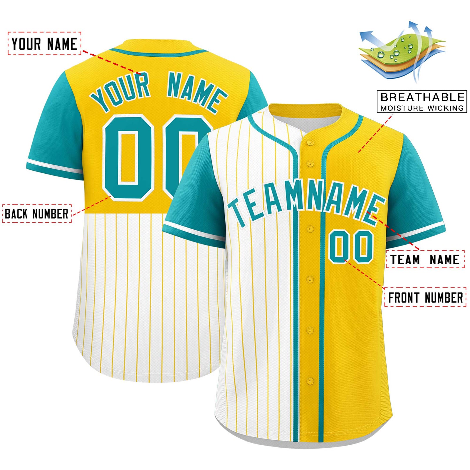 Custom White Gold and Aqua Pinstripe Personalized Raglan Sleeves Authentic Baseball Jersey