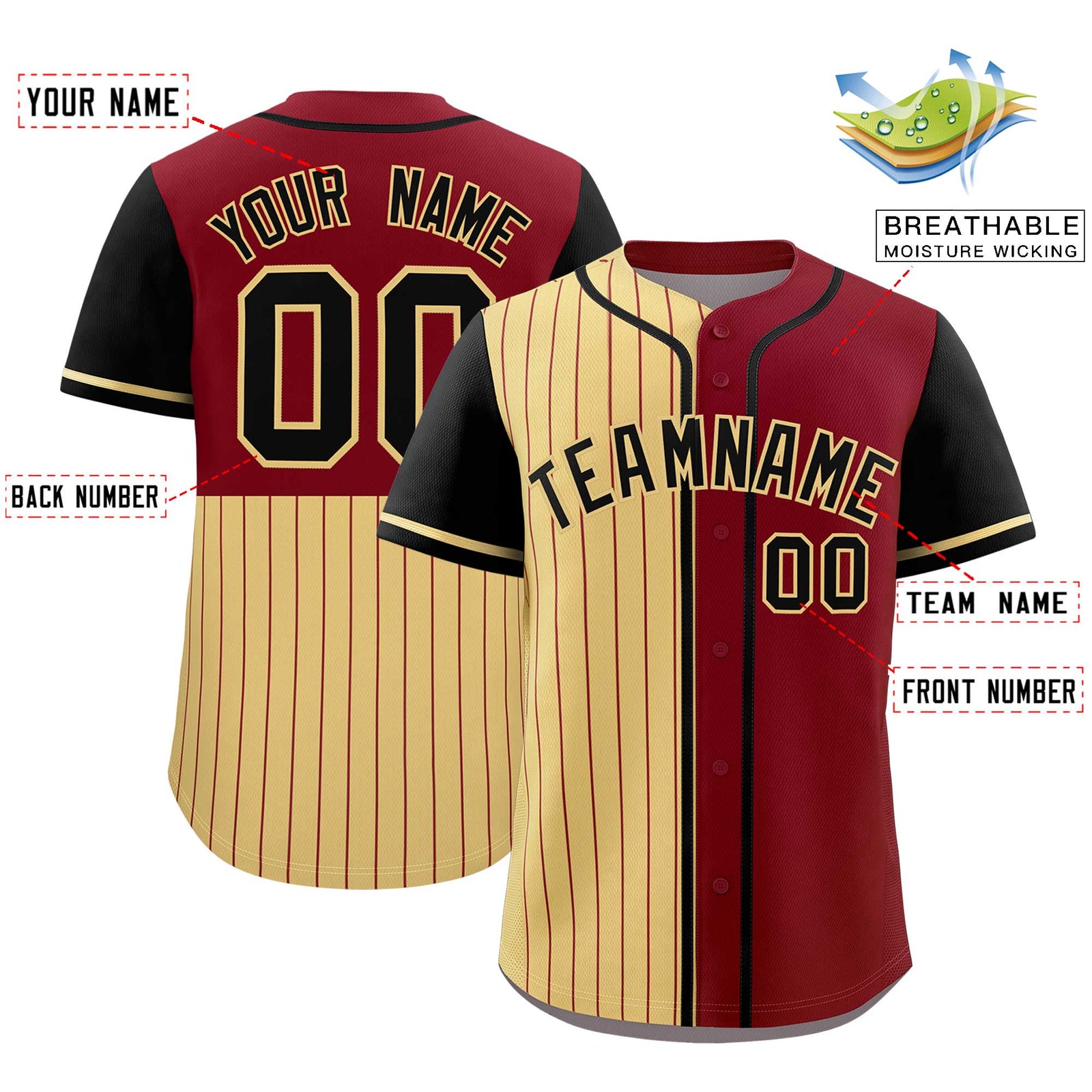 Custom Khaki Crimson and Black Pinstripe Personalized Raglan Sleeves Authentic Baseball Jersey