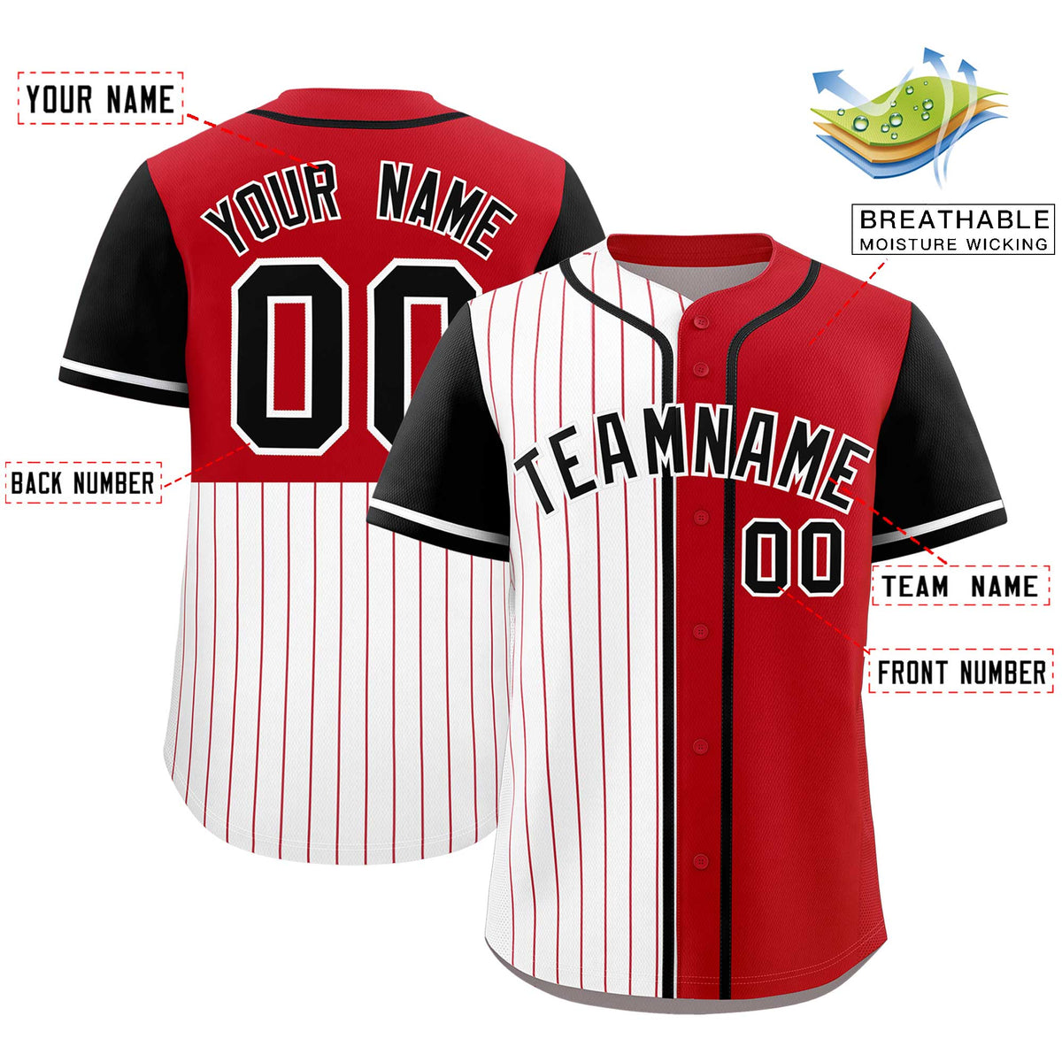 Custom White Red and Black Pinstripe Personalized Raglan Sleeves Authentic Baseball Jersey