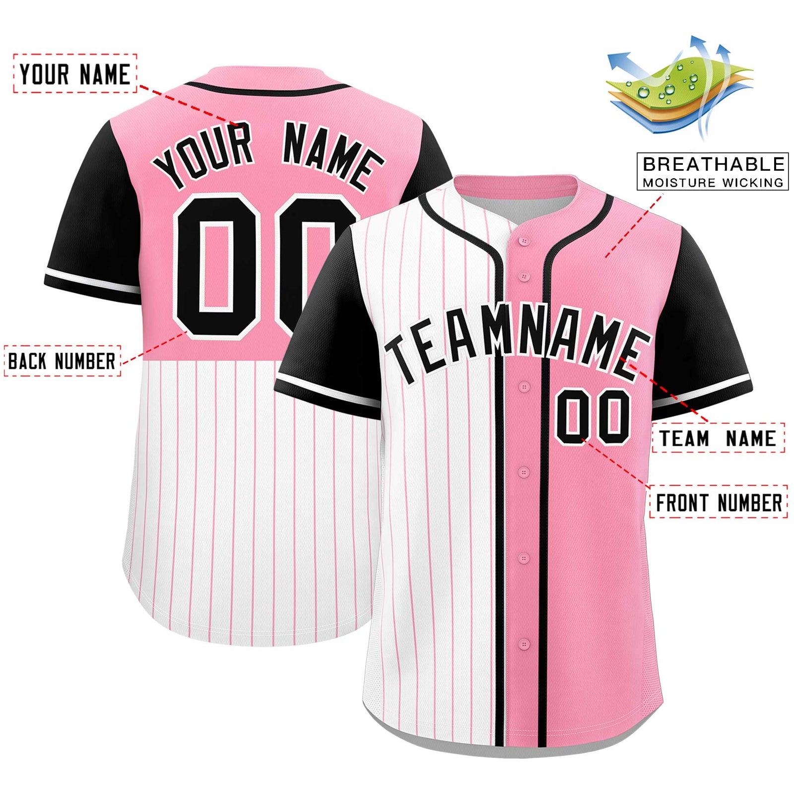 Custom White Light Pink and Black Pinstripe Personalized Raglan Sleeves Authentic Baseball Jersey