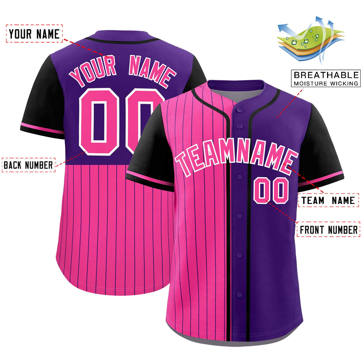 Custom Pink Purple and Black Pinstripe Personalized Raglan Sleeves Authentic Baseball Jersey