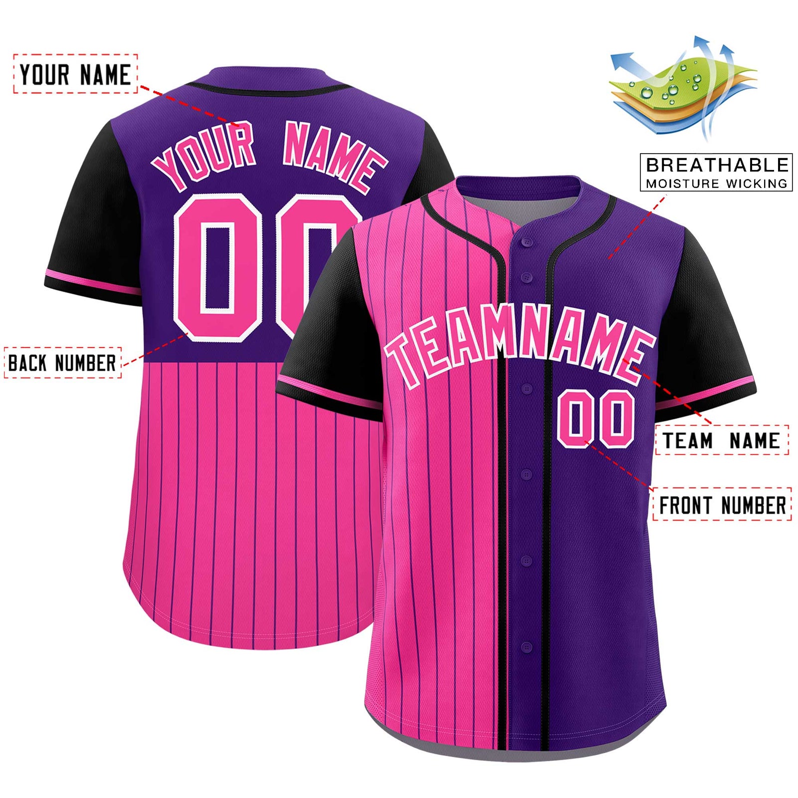 Custom Pink Purple and Black Pinstripe Personalized Raglan Sleeves Authentic Baseball Jersey