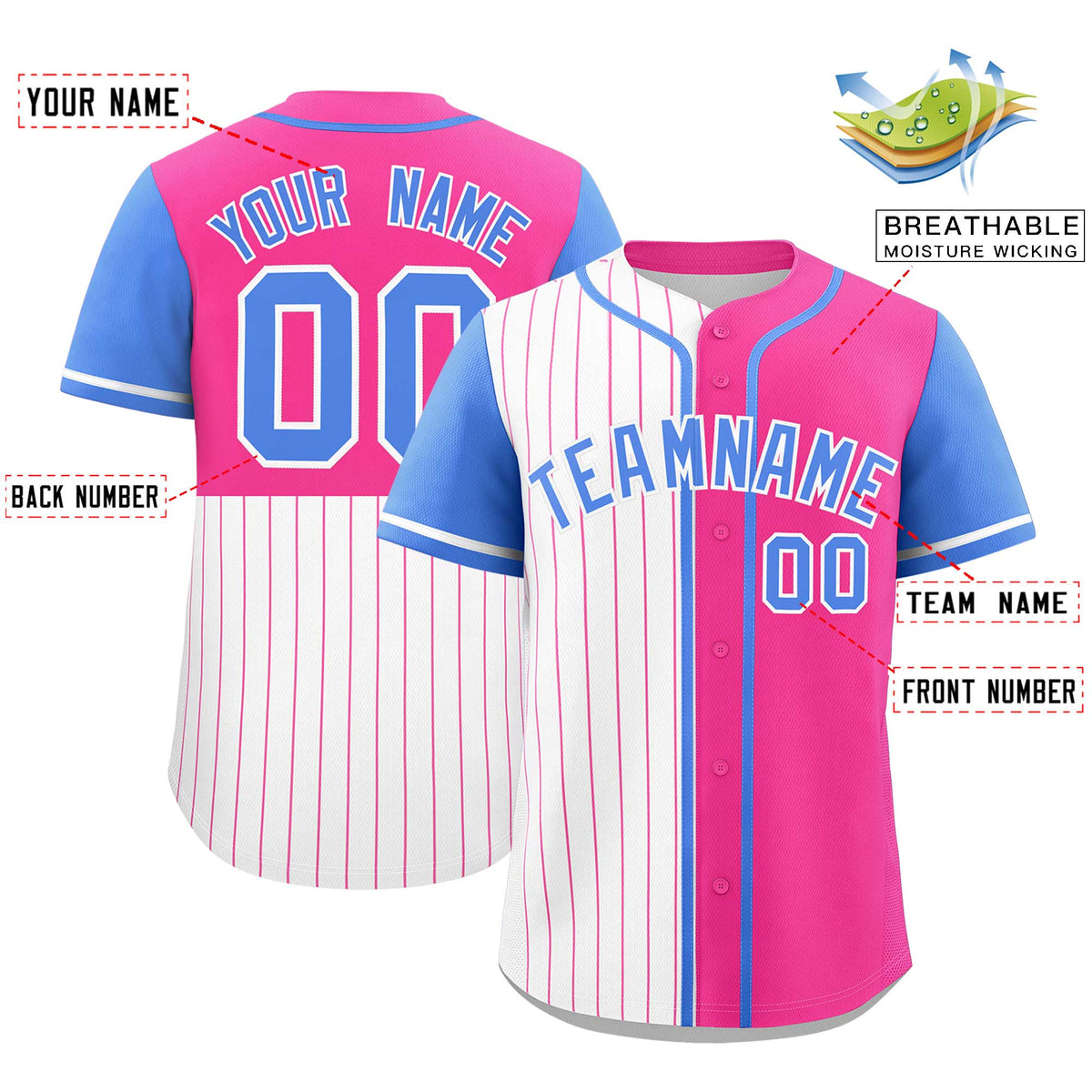 Custom White Pink and Powder Blue Pinstripe Personalized Raglan Sleeves Authentic Baseball Jersey