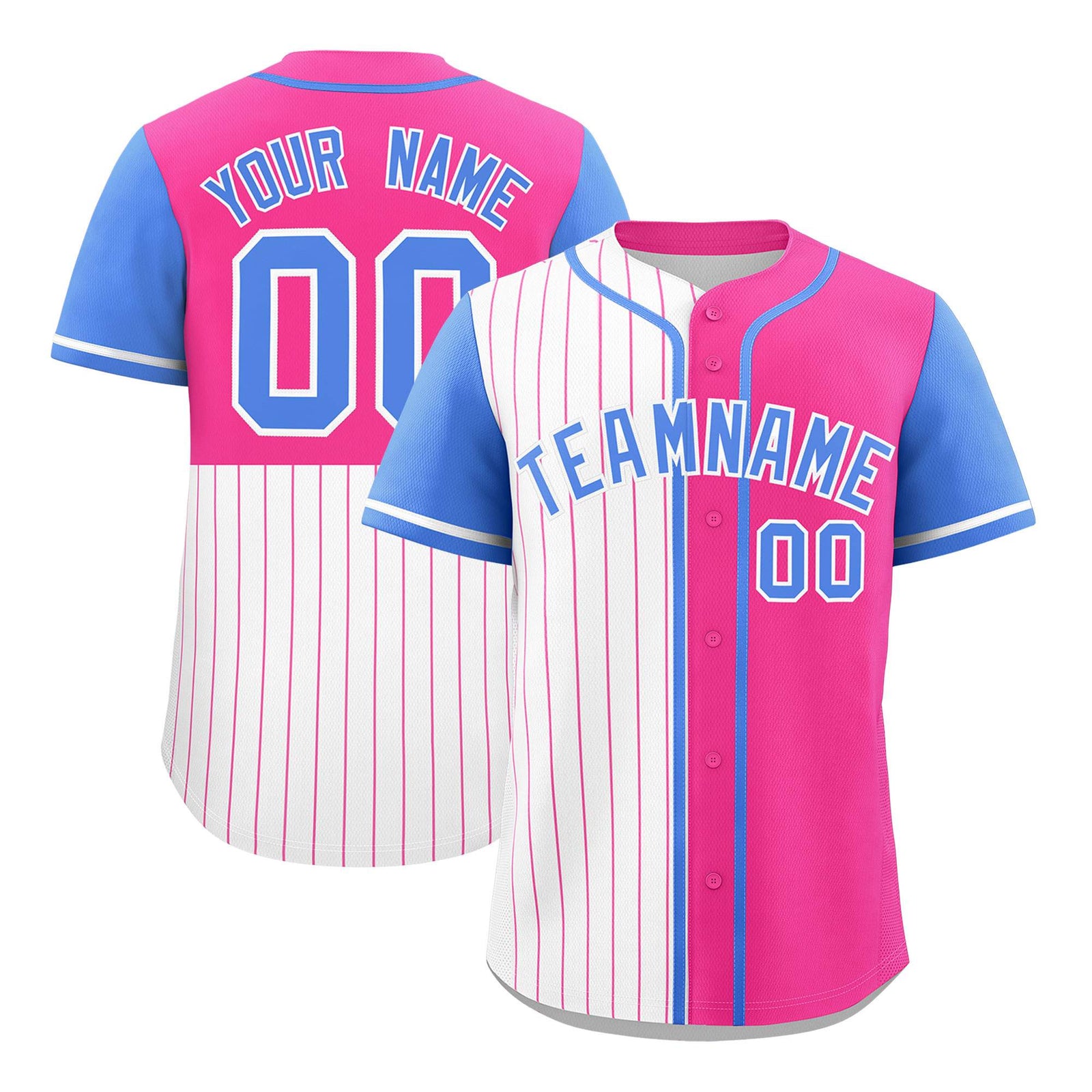 Custom White Pink and Powder Blue Pinstripe Personalized Raglan Sleeves Authentic Baseball Jersey