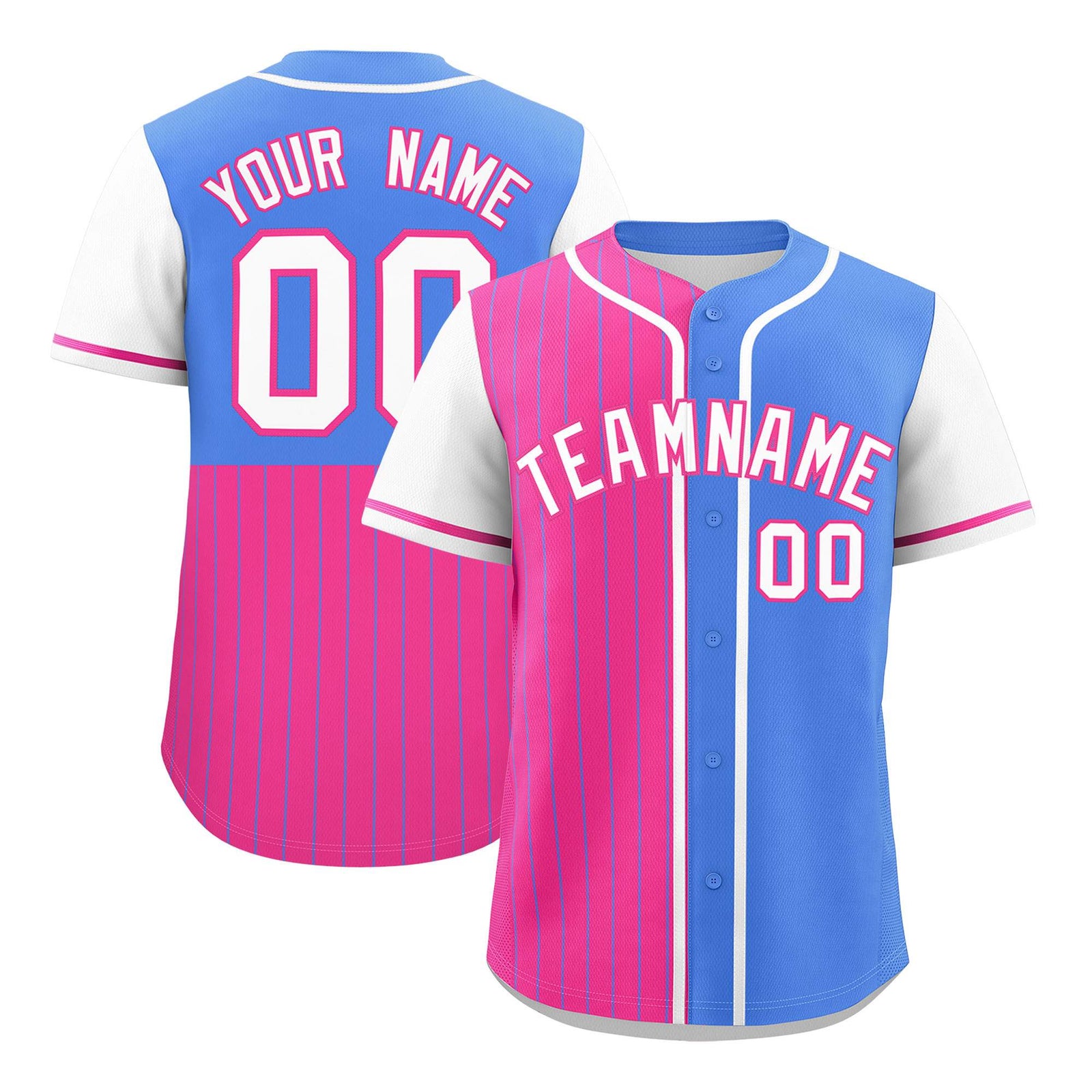 Custom Pink Powder Blue and White Pinstripe Personalized Raglan Sleeves Authentic Baseball Jersey