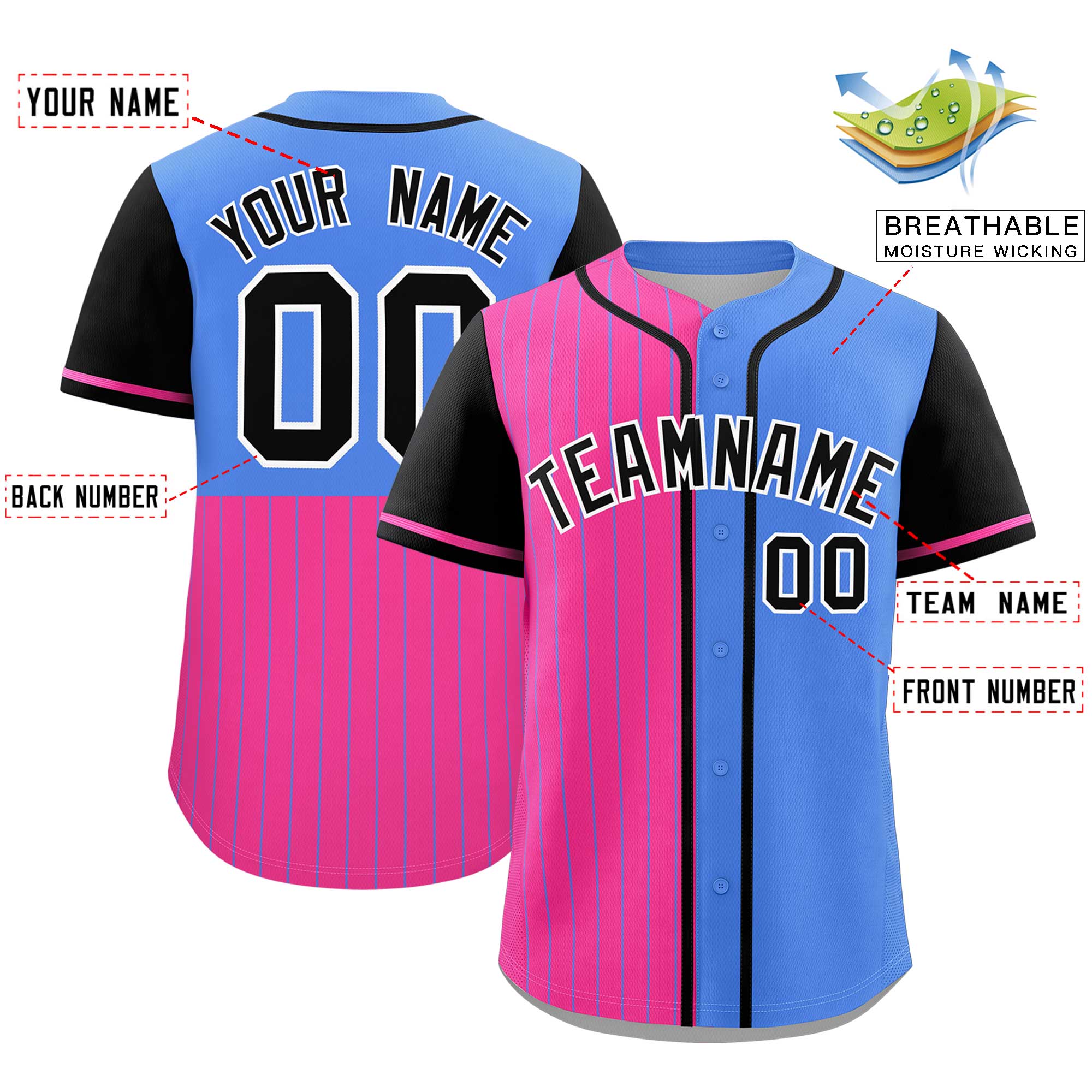 Custom Pink Powder Blue and Black Pinstripe Personalized Raglan Sleeves Authentic Baseball Jersey