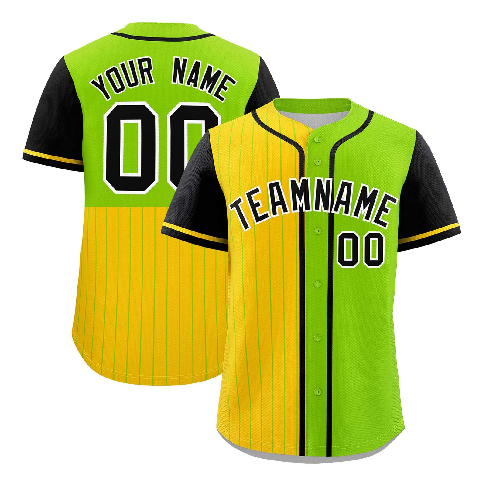 Custom Gold Neon Green and Black Pinstripe Personalized Raglan Sleeves Authentic Baseball Jersey