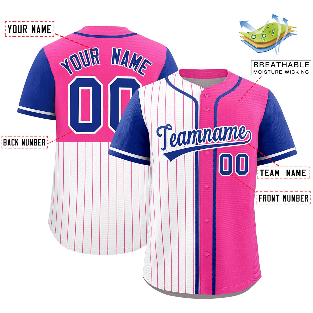 Custom White Pink and Royal Pinstripe Personalized Raglan Sleeves Authentic Baseball Jersey