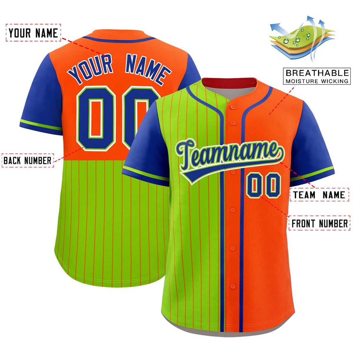 Custom Neon Green Orange and Royal Pinstripe Personalized Raglan Sleeves Authentic Baseball Jersey