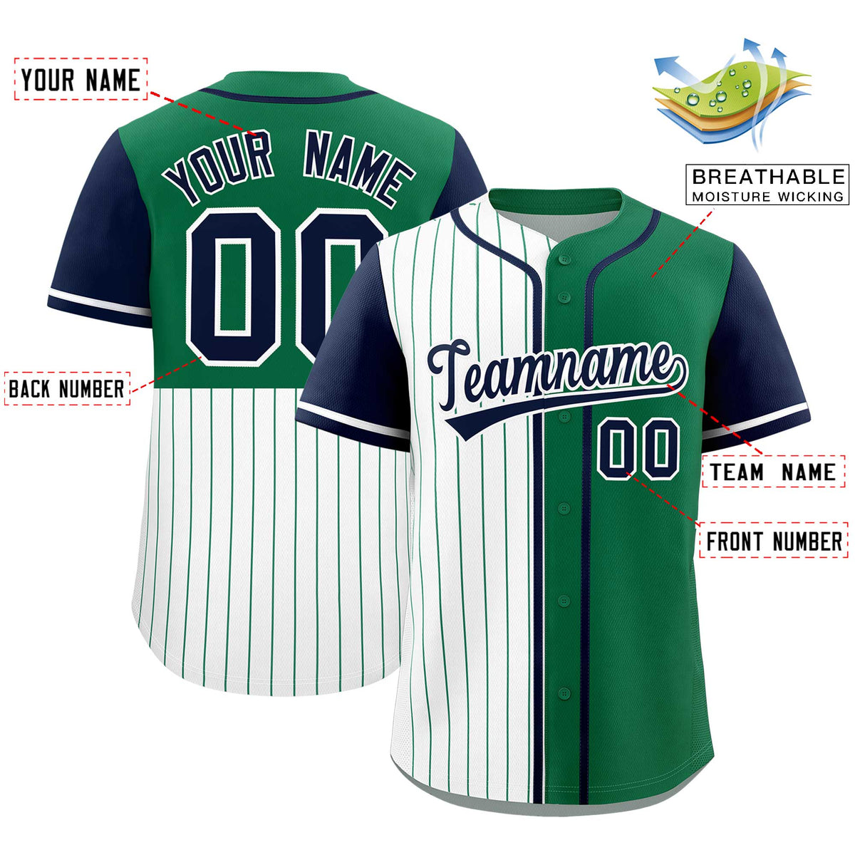 Custom White Kelly Green and Navy Pinstripe Personalized Raglan Sleeves Authentic Baseball Jersey