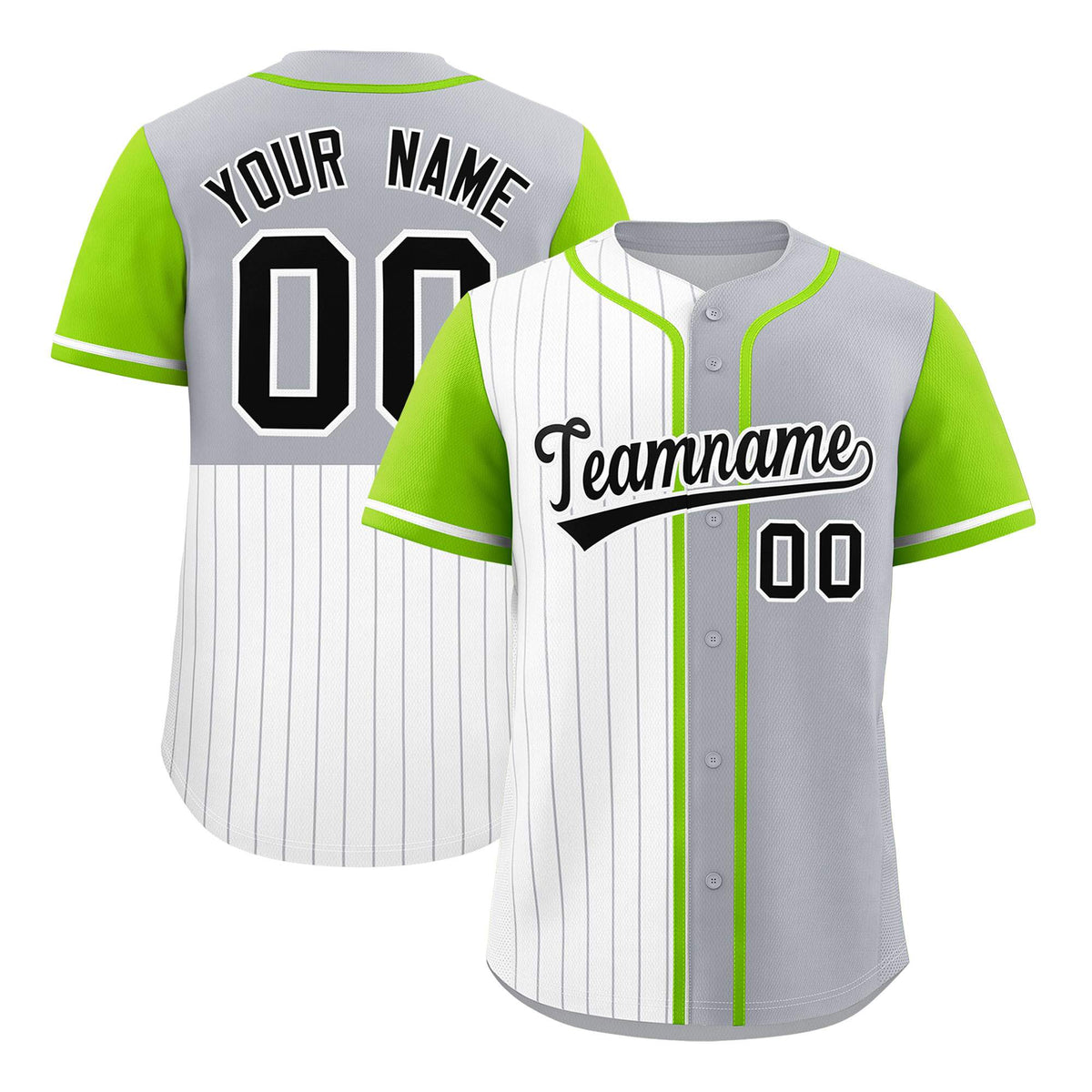 Custom White Gray and Neon Green Pinstripe Personalized Raglan Sleeves Authentic Baseball Jersey
