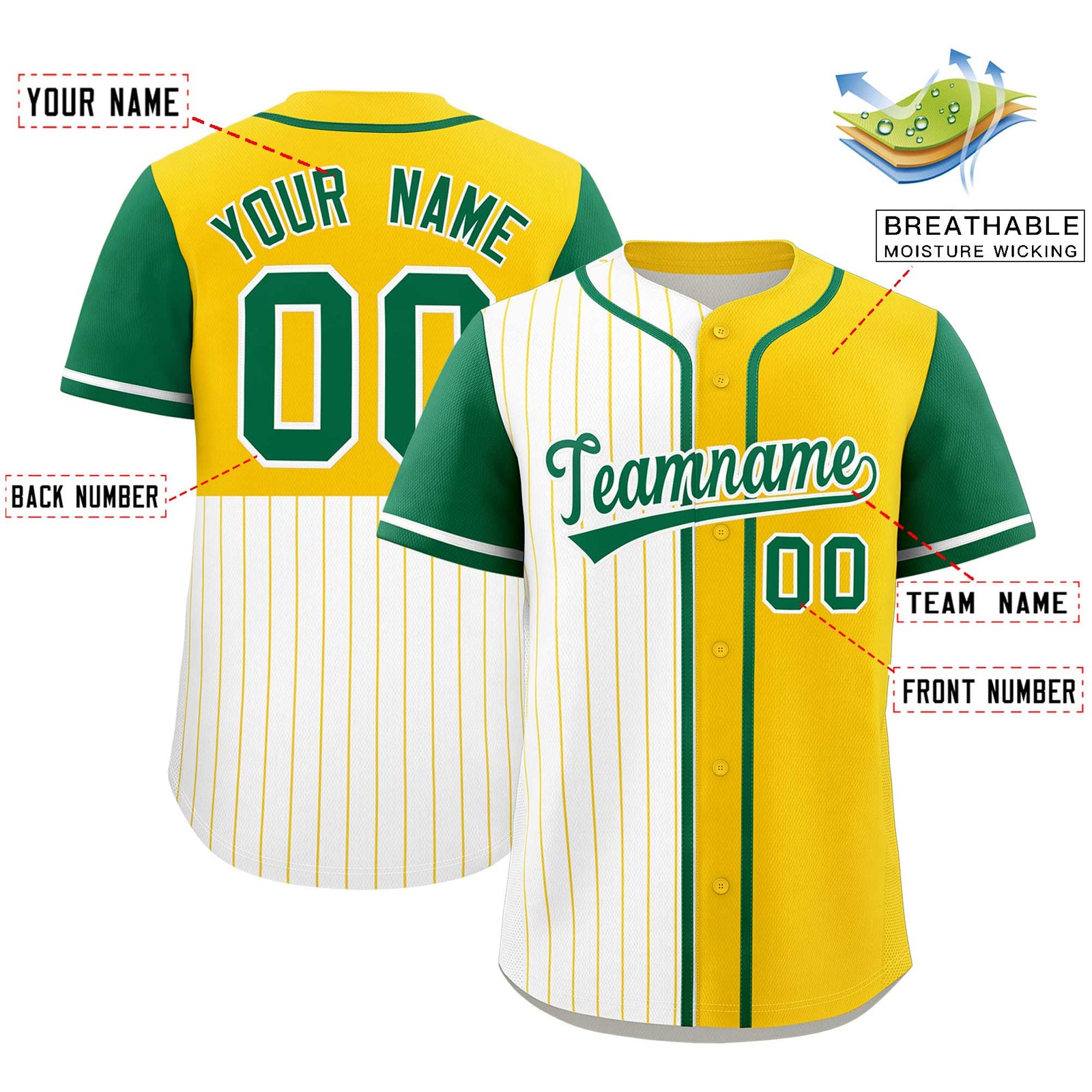 Custom White Gold and Kelly Green Pinstripe Personalized Raglan Sleeves Authentic Baseball Jersey