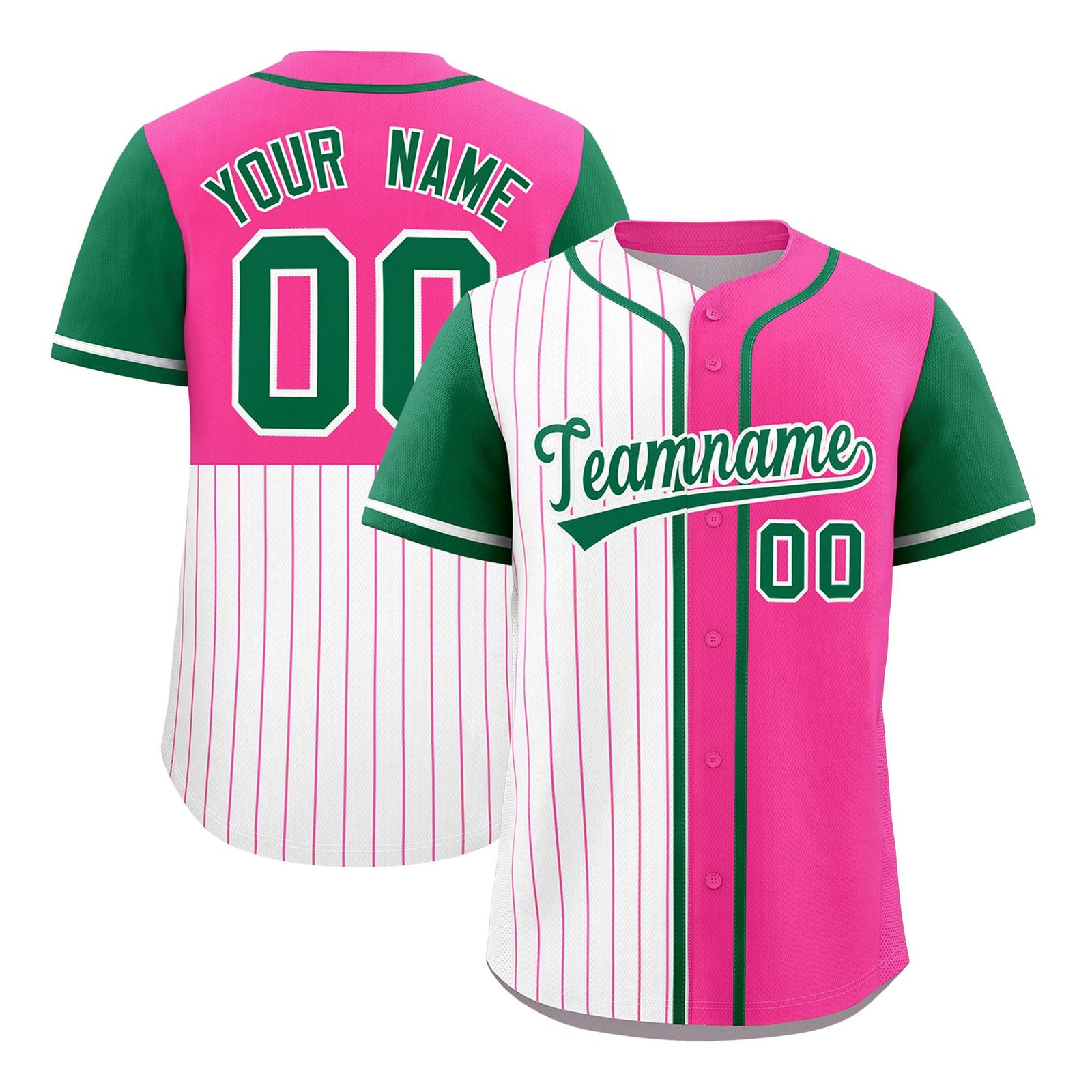 Custom White Pink and Kelly Green Pinstripe Personalized Raglan Sleeves Authentic Baseball Jersey