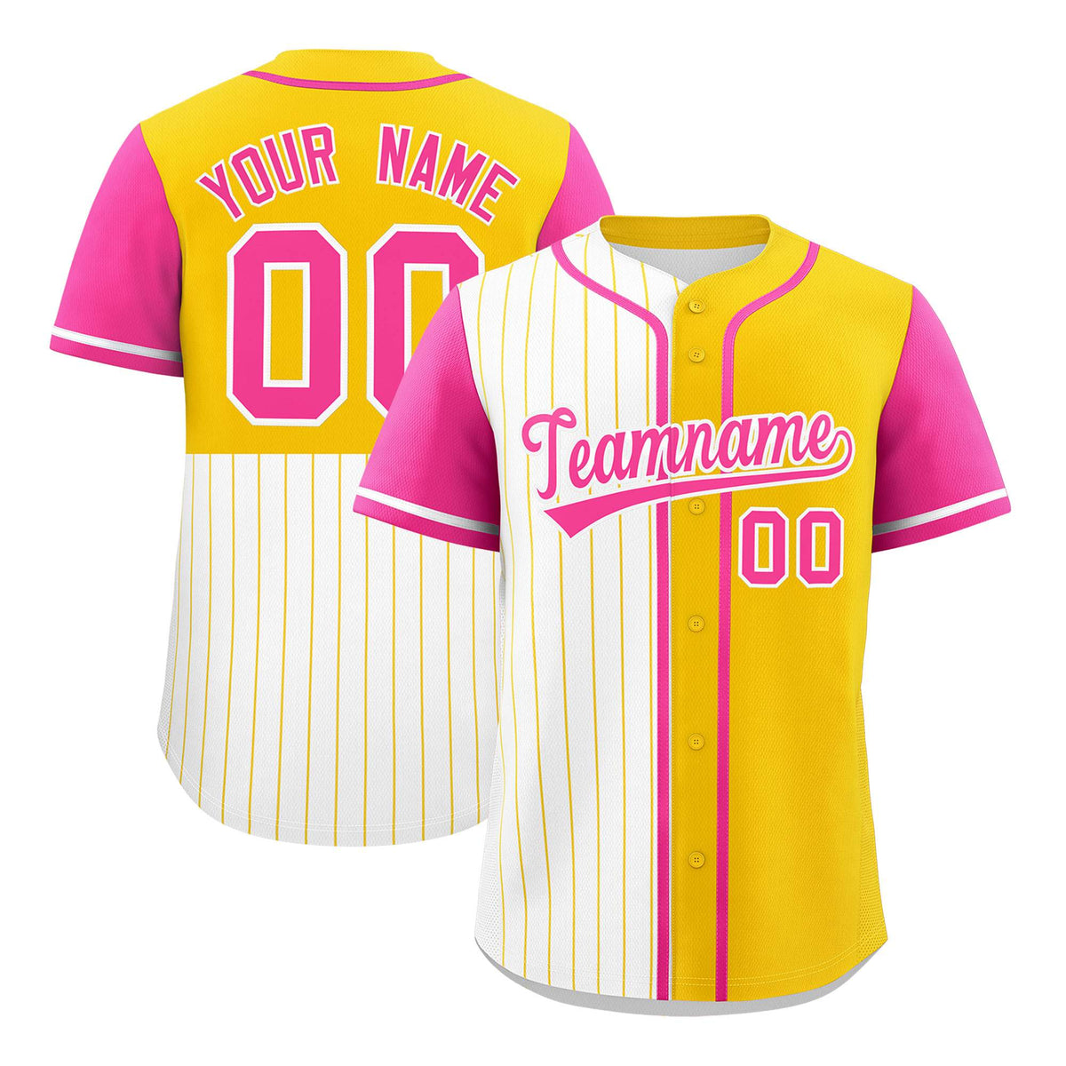 Custom White Gold and Pink Pinstripe Personalized Raglan Sleeves Authentic Baseball Jersey