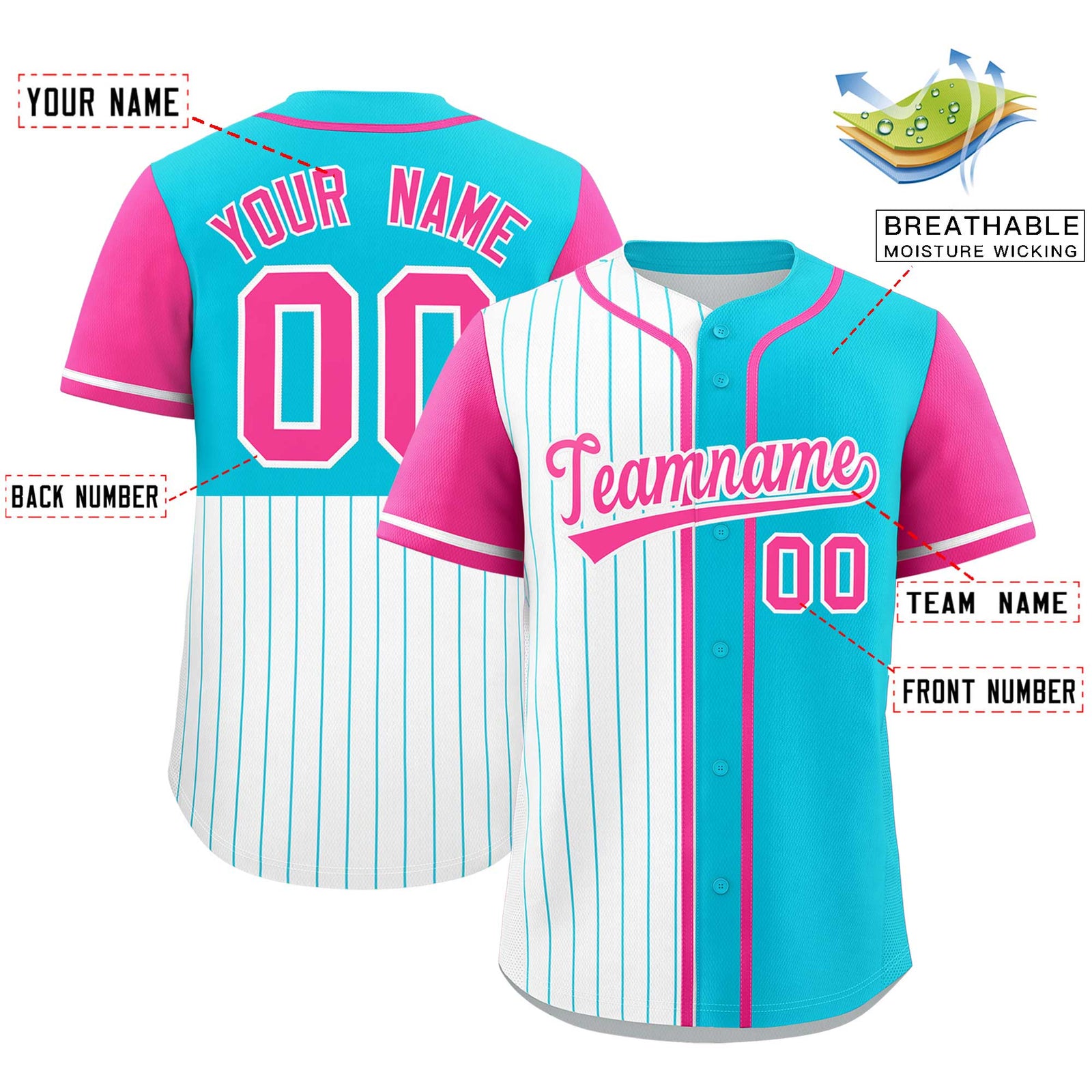 Custom White Sky Blue and Pink Pinstripe Personalized Raglan Sleeves Authentic Baseball Jersey