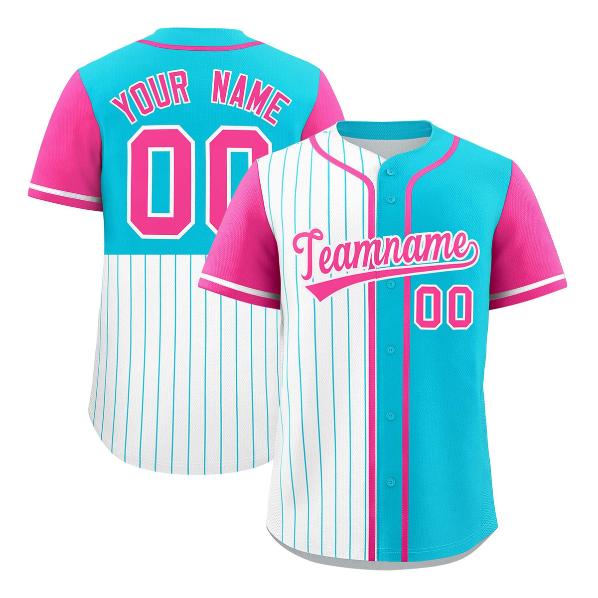 Custom White Sky Blue and Pink Pinstripe Personalized Raglan Sleeves Authentic Baseball Jersey