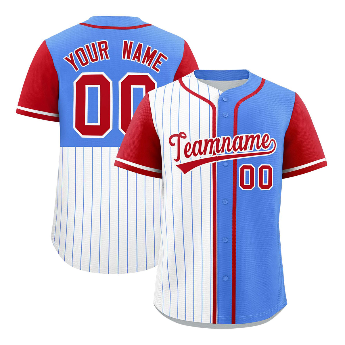 Custom White Powder Blue and Red Pinstripe Personalized Raglan Sleeves Authentic Baseball Jersey