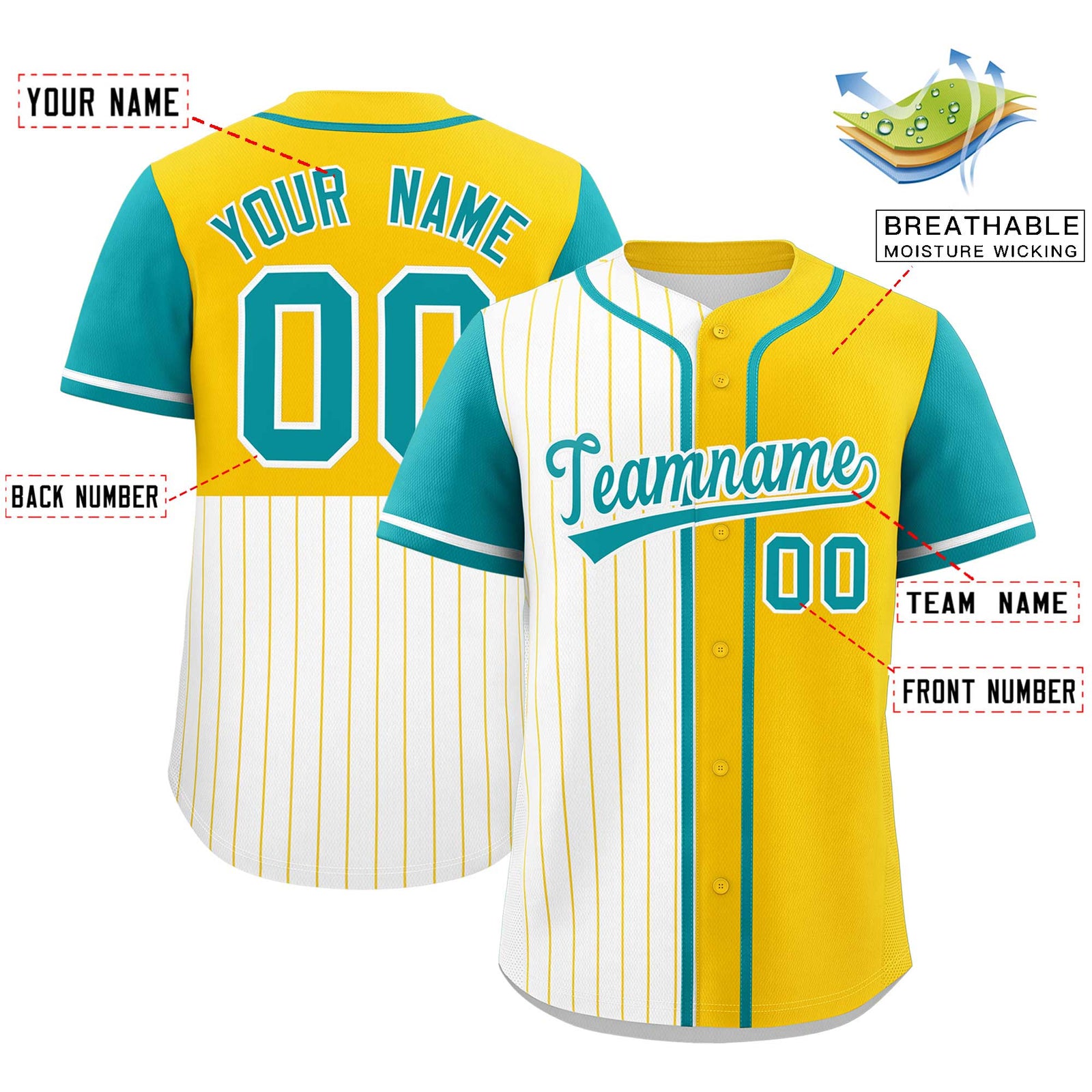 Custom White Gold and Aqua Pinstripe Personalized Raglan Sleeves Authentic Baseball Jersey