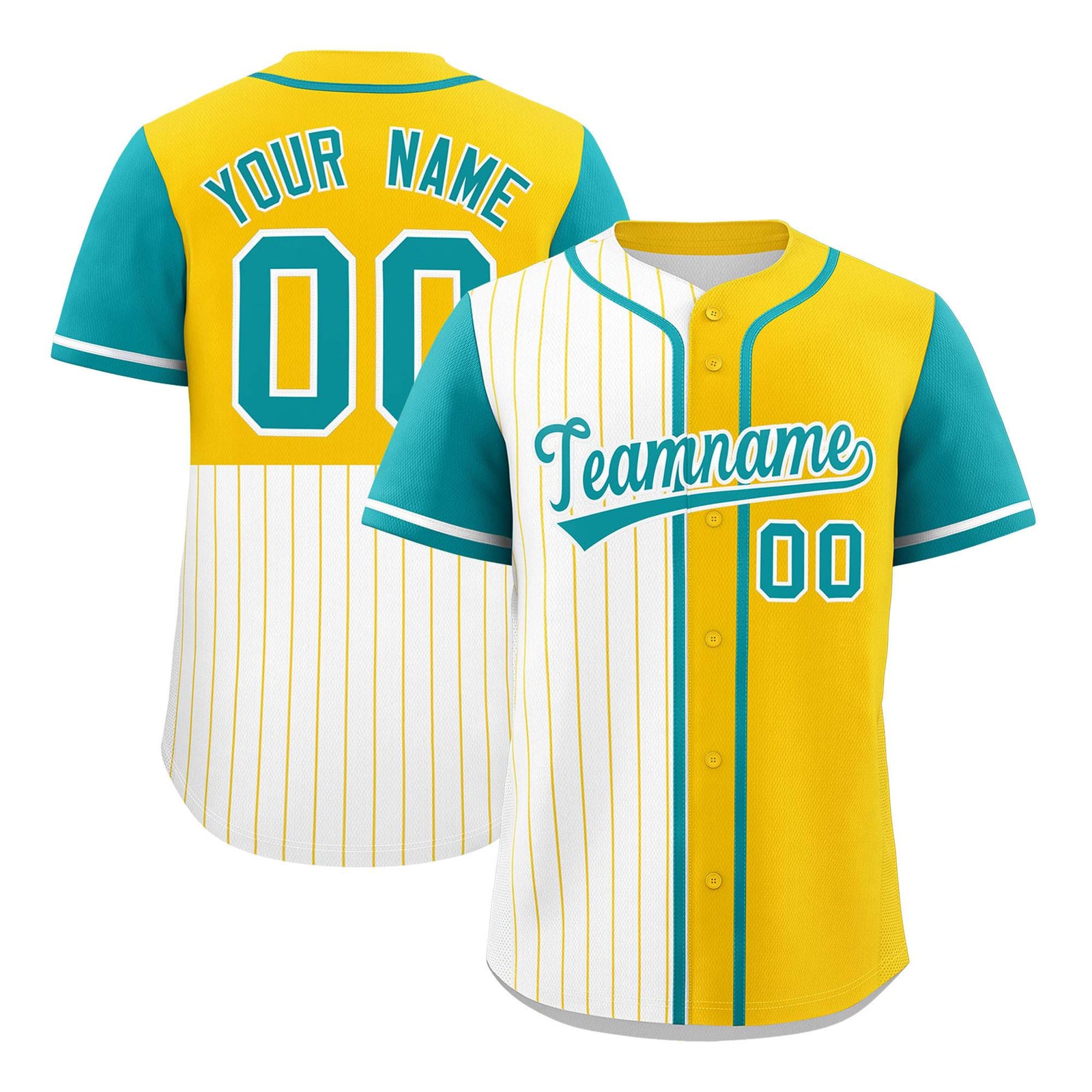 Custom White Gold and Aqua Pinstripe Personalized Raglan Sleeves Authentic Baseball Jersey