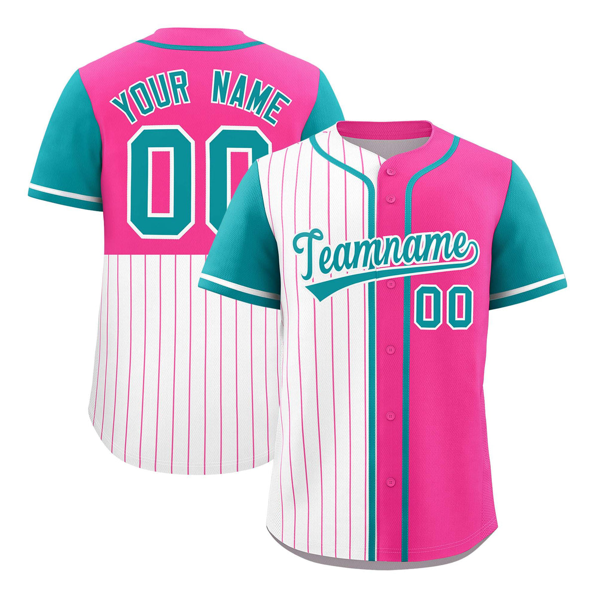 Custom White Pink and Aqua Pinstripe Personalized Raglan Sleeves Authentic Baseball Jersey