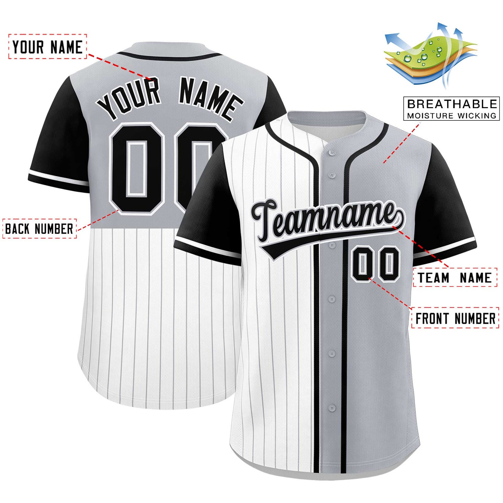 Custom White Gray and Black Pinstripe Personalized Raglan Sleeves Authentic Baseball Jersey