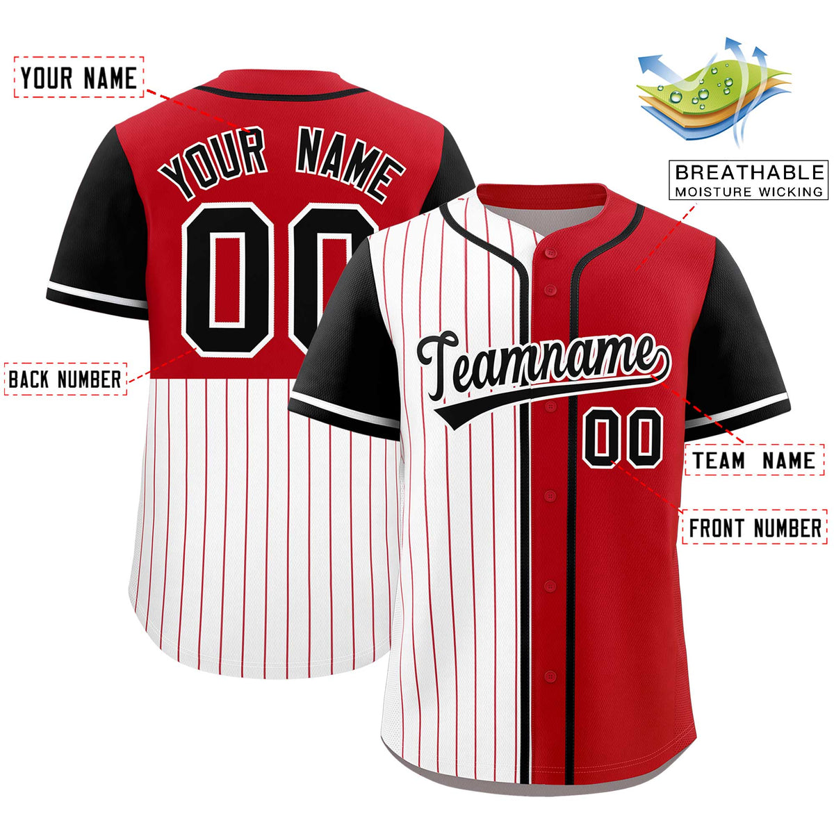 Custom White Red and Black Pinstripe Personalized Raglan Sleeves Authentic Baseball Jersey