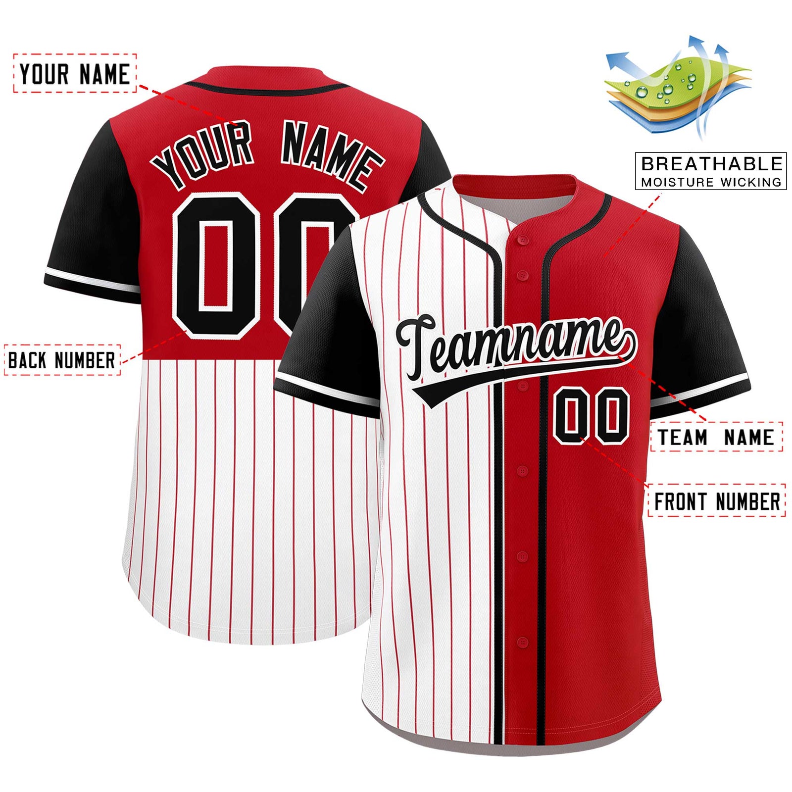 Custom White Red and Black Pinstripe Personalized Raglan Sleeves Authentic Baseball Jersey