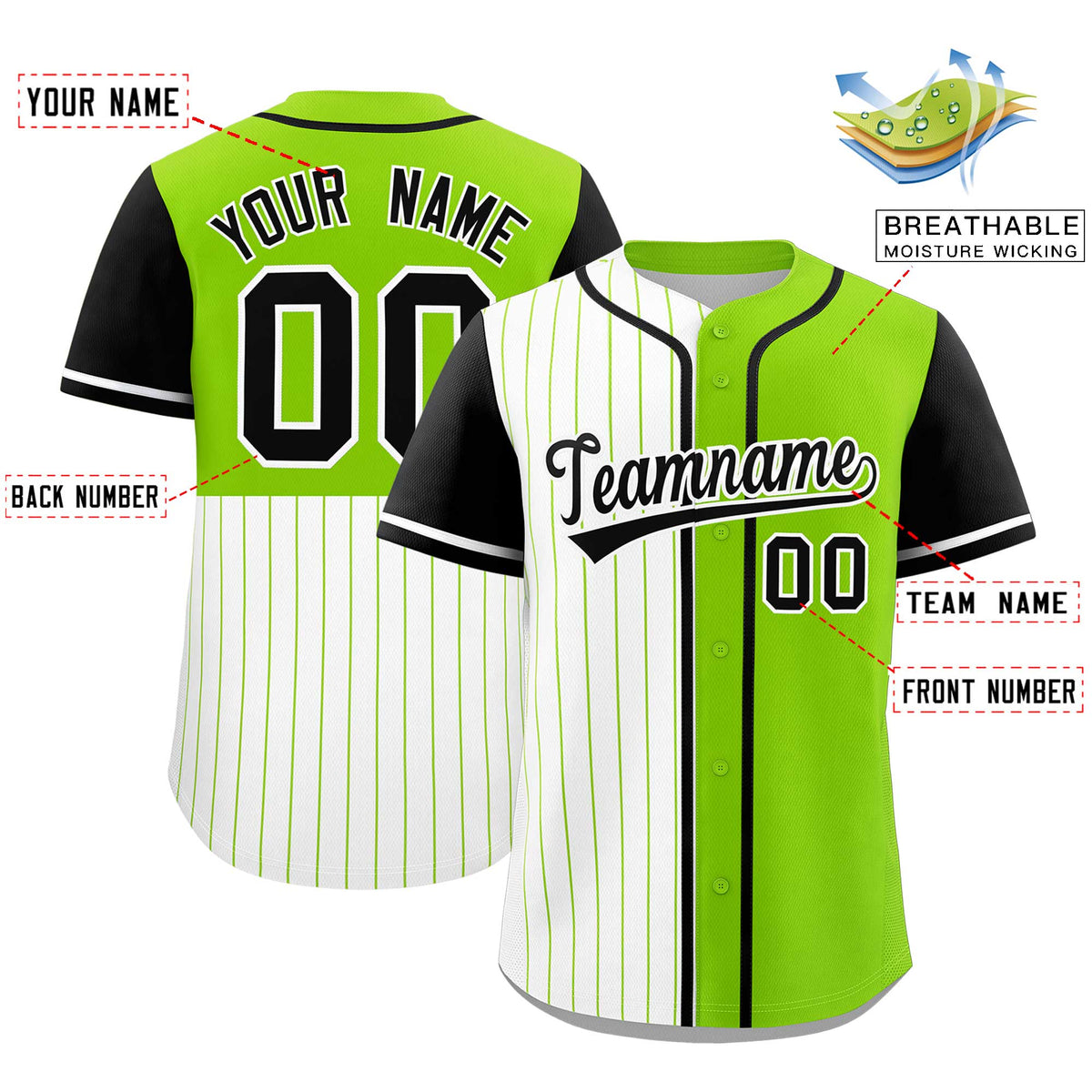 Custom White Neon Green and Black Pinstripe Personalized Raglan Sleeves Authentic Baseball Jersey