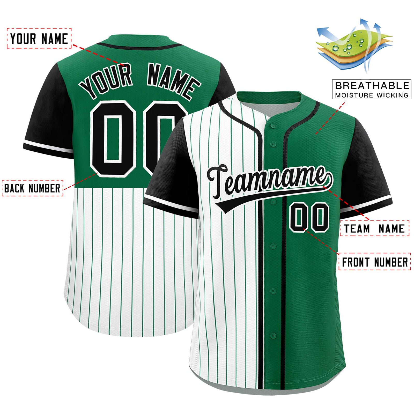 Custom White Kelly Green and Black Pinstripe Personalized Raglan Sleeves Authentic Baseball Jersey