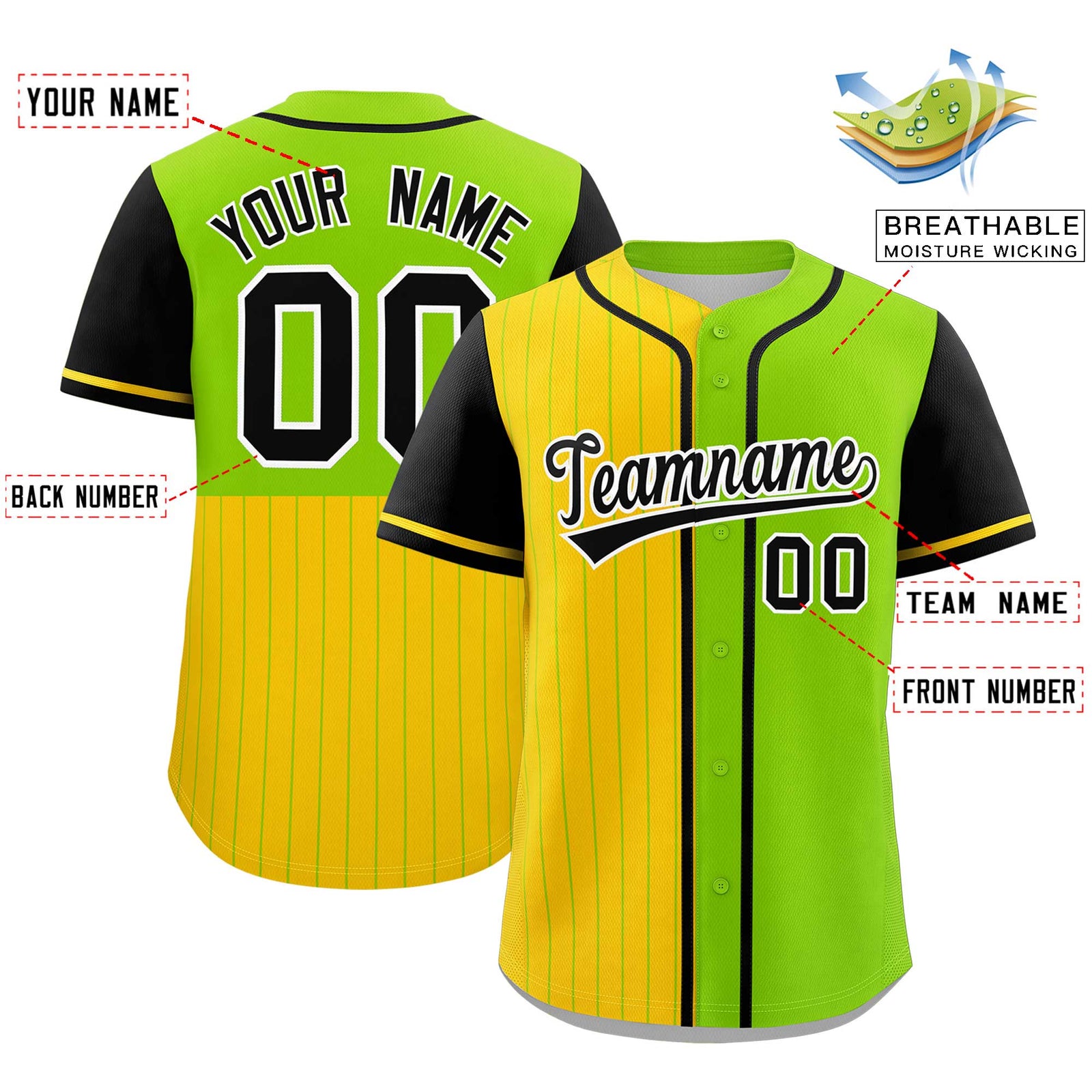 Custom Gold Neon Green and Black Pinstripe Personalized Raglan Sleeves Authentic Baseball Jersey